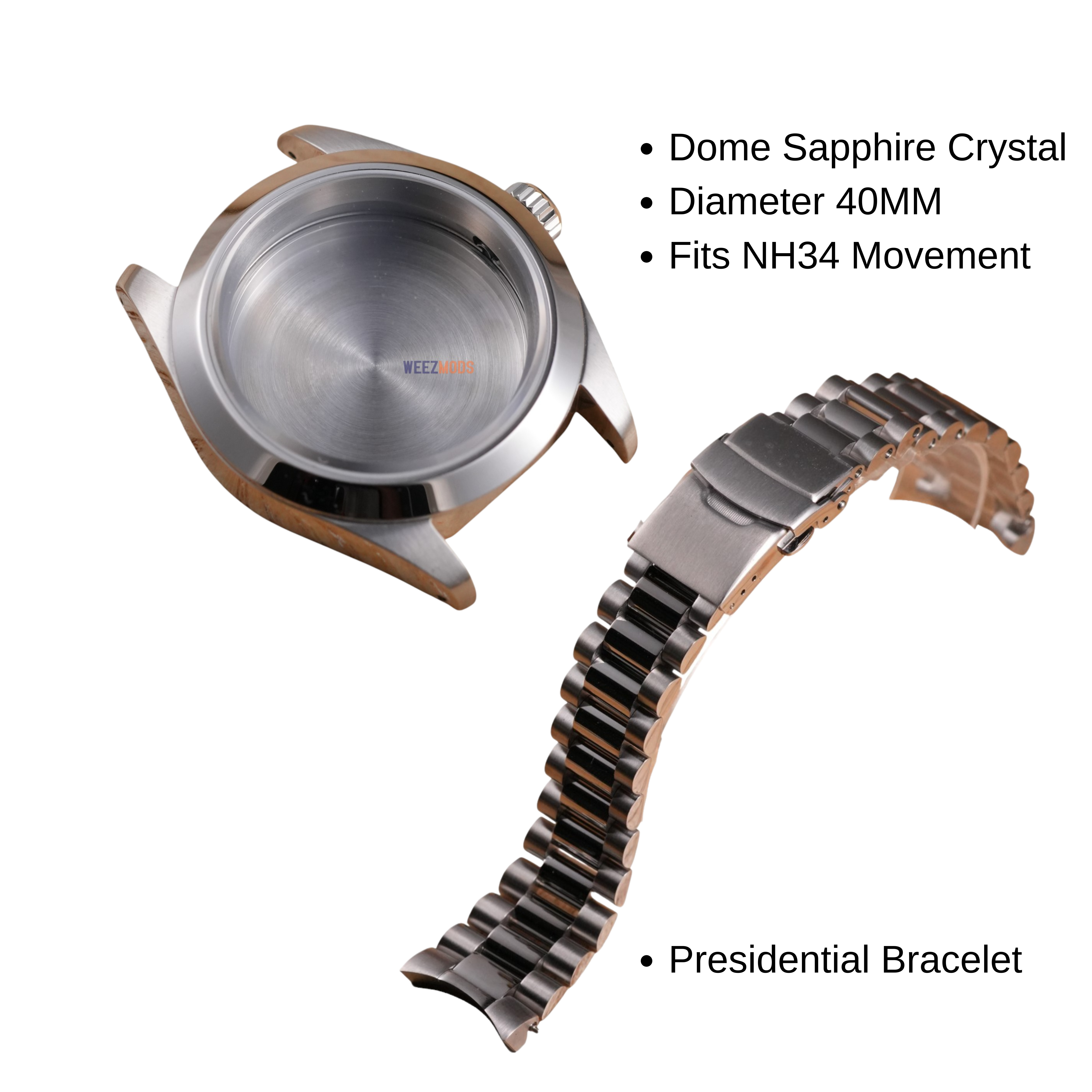 40MM Pilot: Brushed Silver Case with Dome & Presidential Bracelet