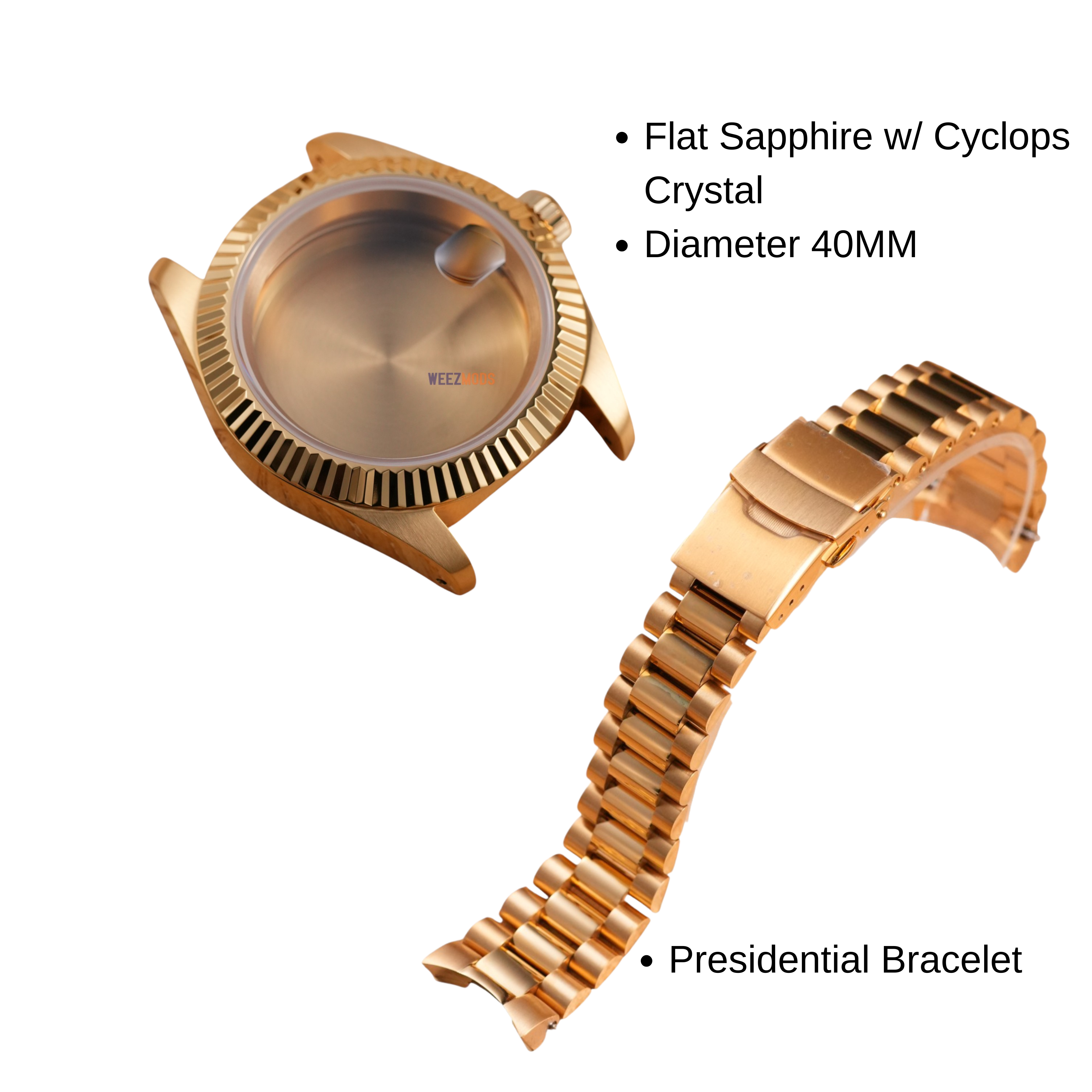 40MM Fluted: Brushed Gold Case with Cyclops & Presidential Bracelet