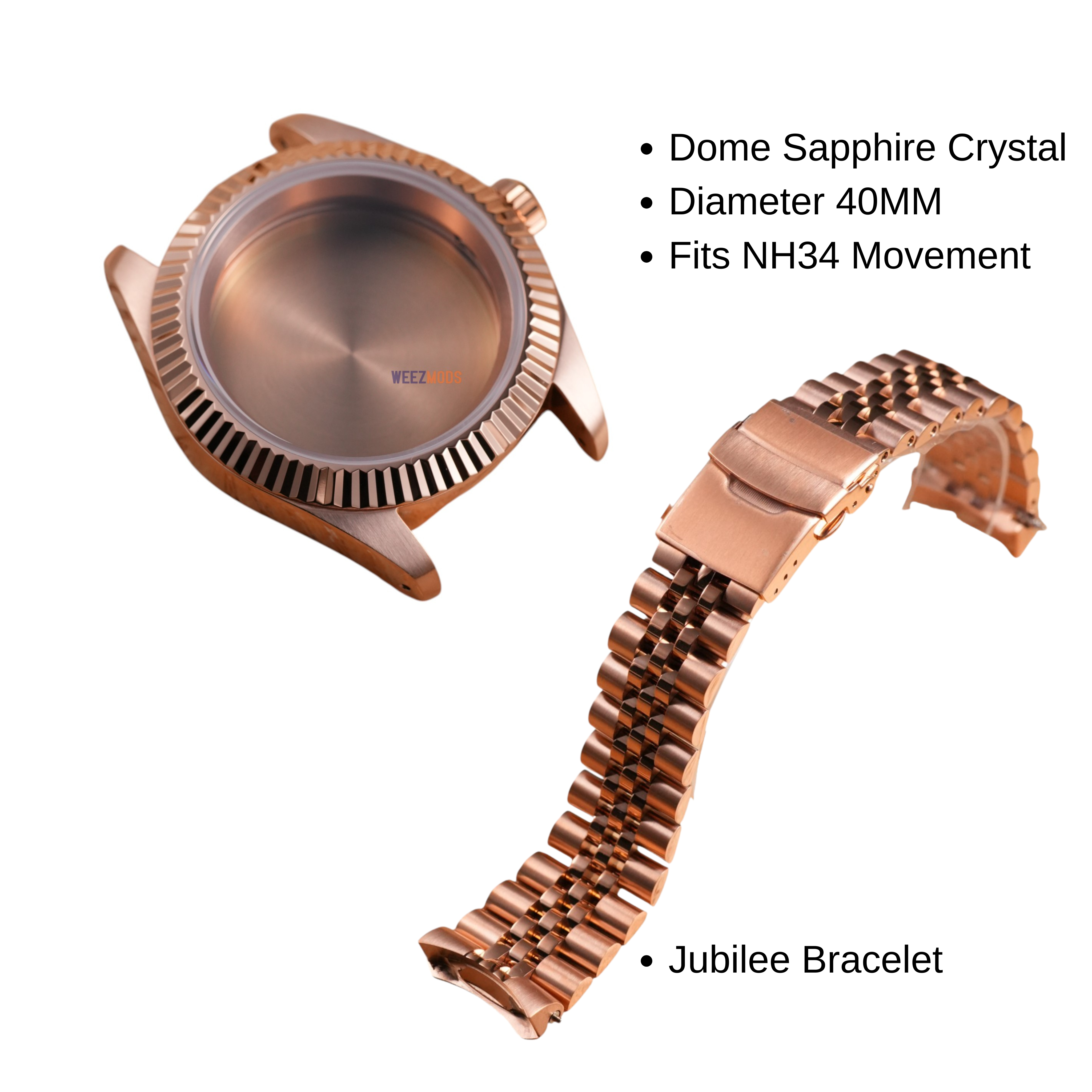 40MM Fluted: Brushed Rose Gold Case with Dome & Jubilee Bracelet
