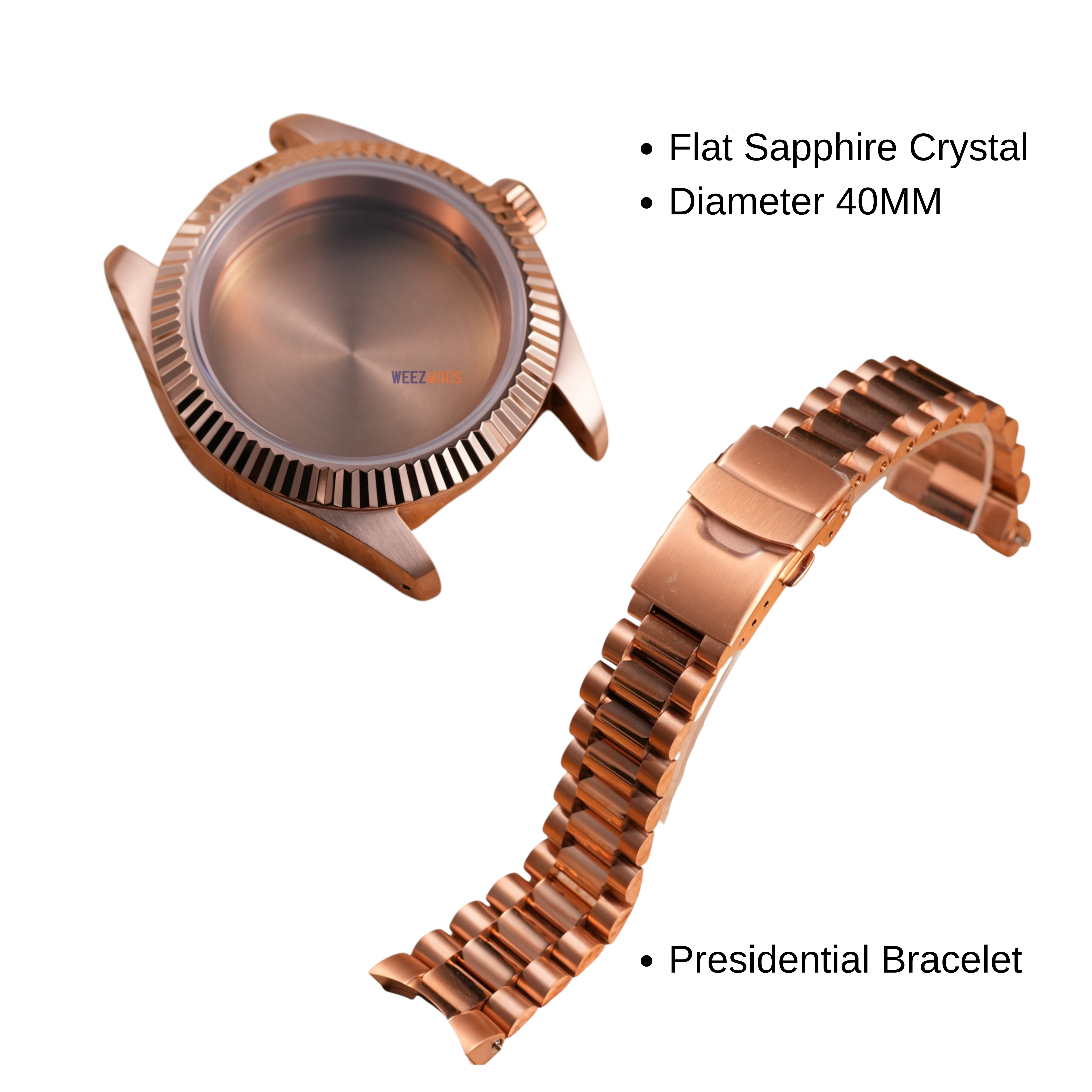 40MM Fluted: Brushed Rose Gold Case with Presidential Bracelet