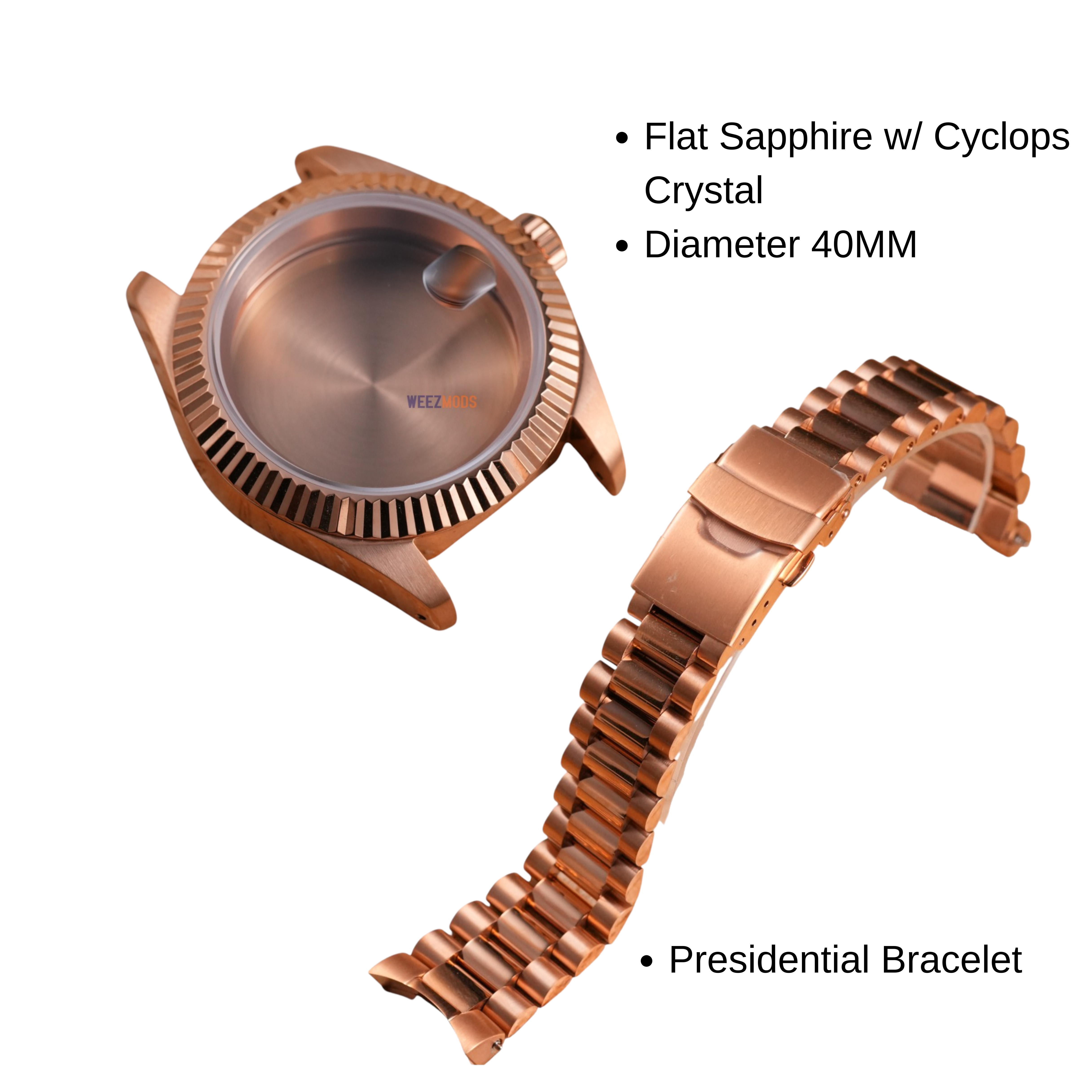 40MM Fluted: Brushed Rose Gold Case with Cyclops & Presidential Bracelet