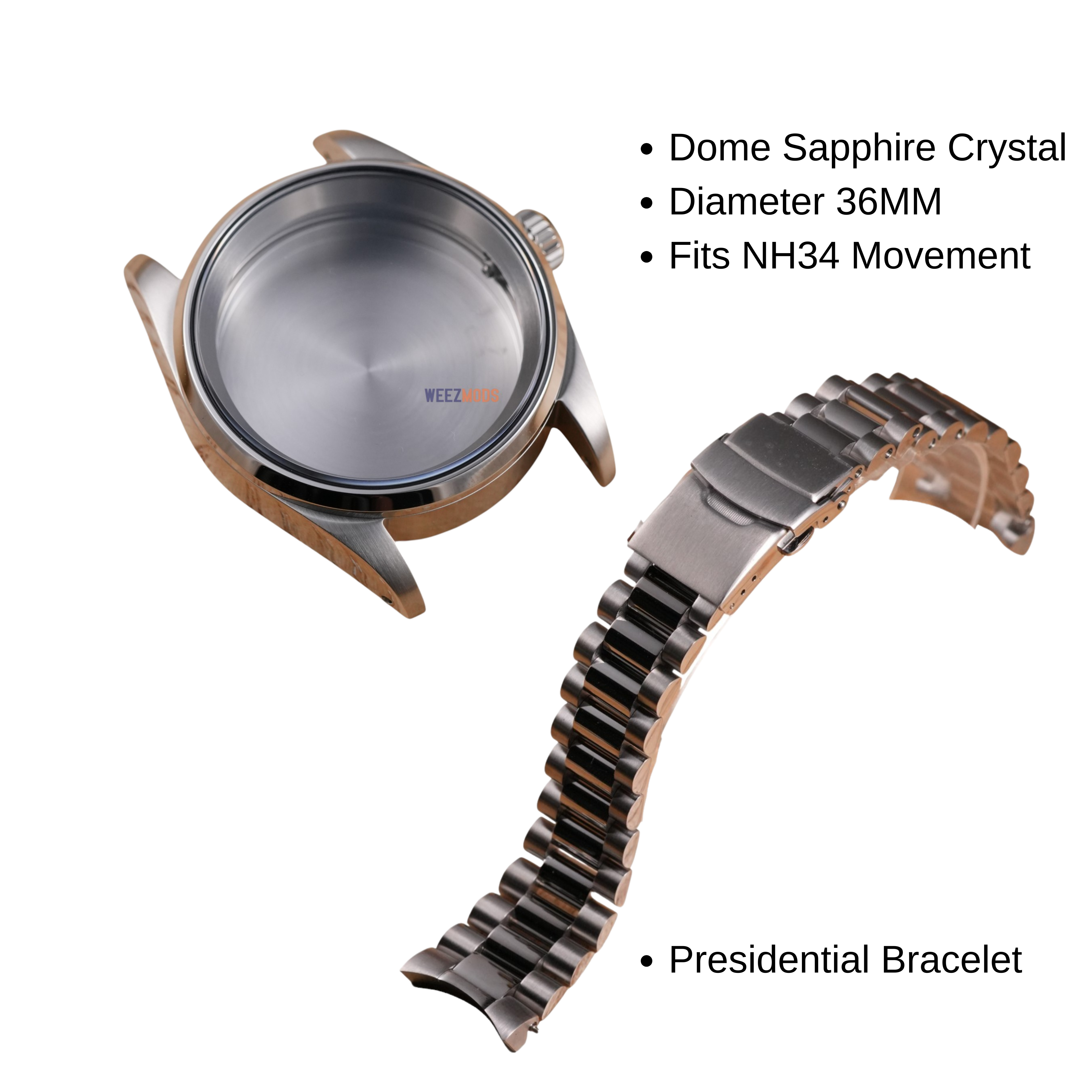 36MM Pilot: Brushed Silver Case with Dome & Presidential Bracelet