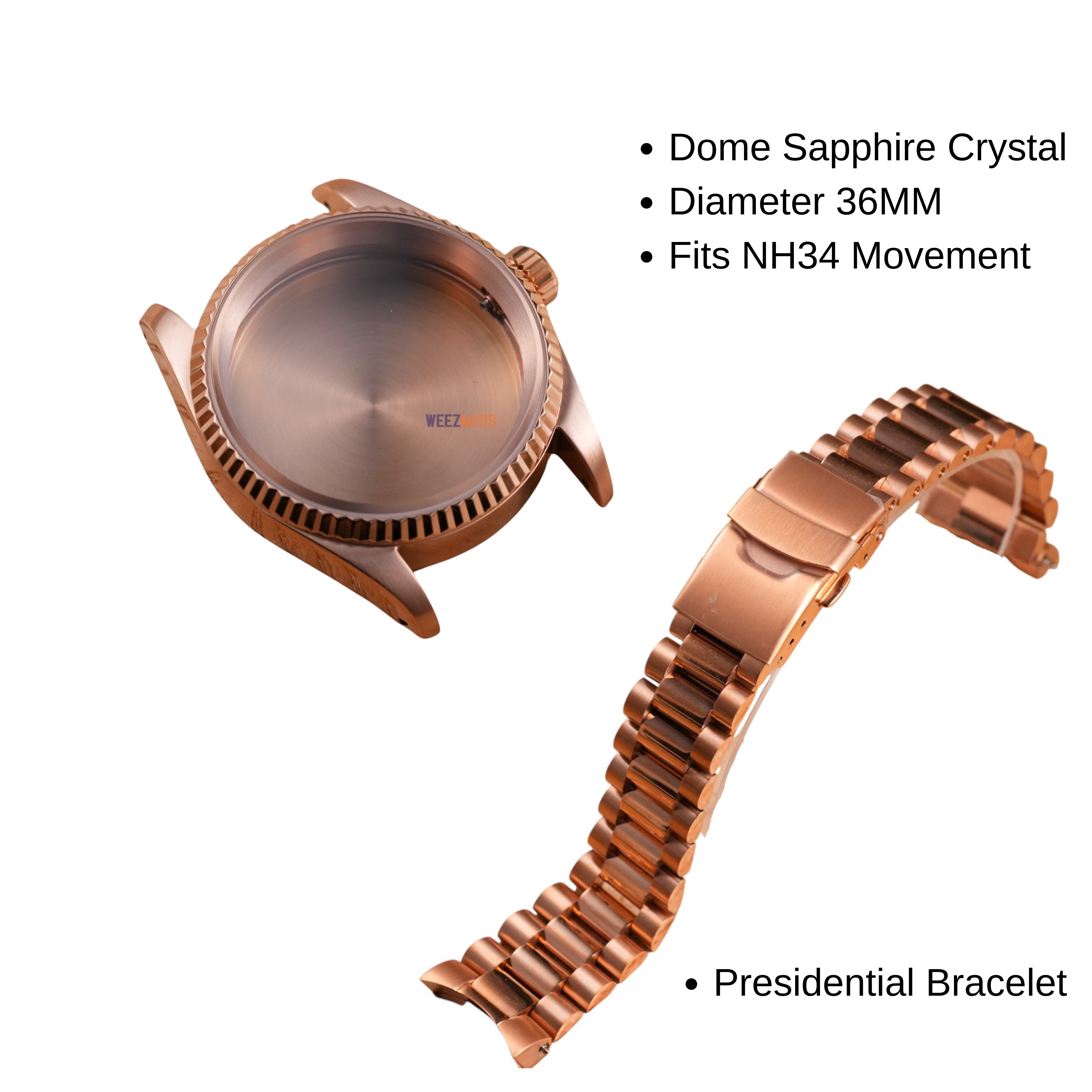 36MM Fluted: Brushed Rose Gold Case with Dome & Presidential Bracelet