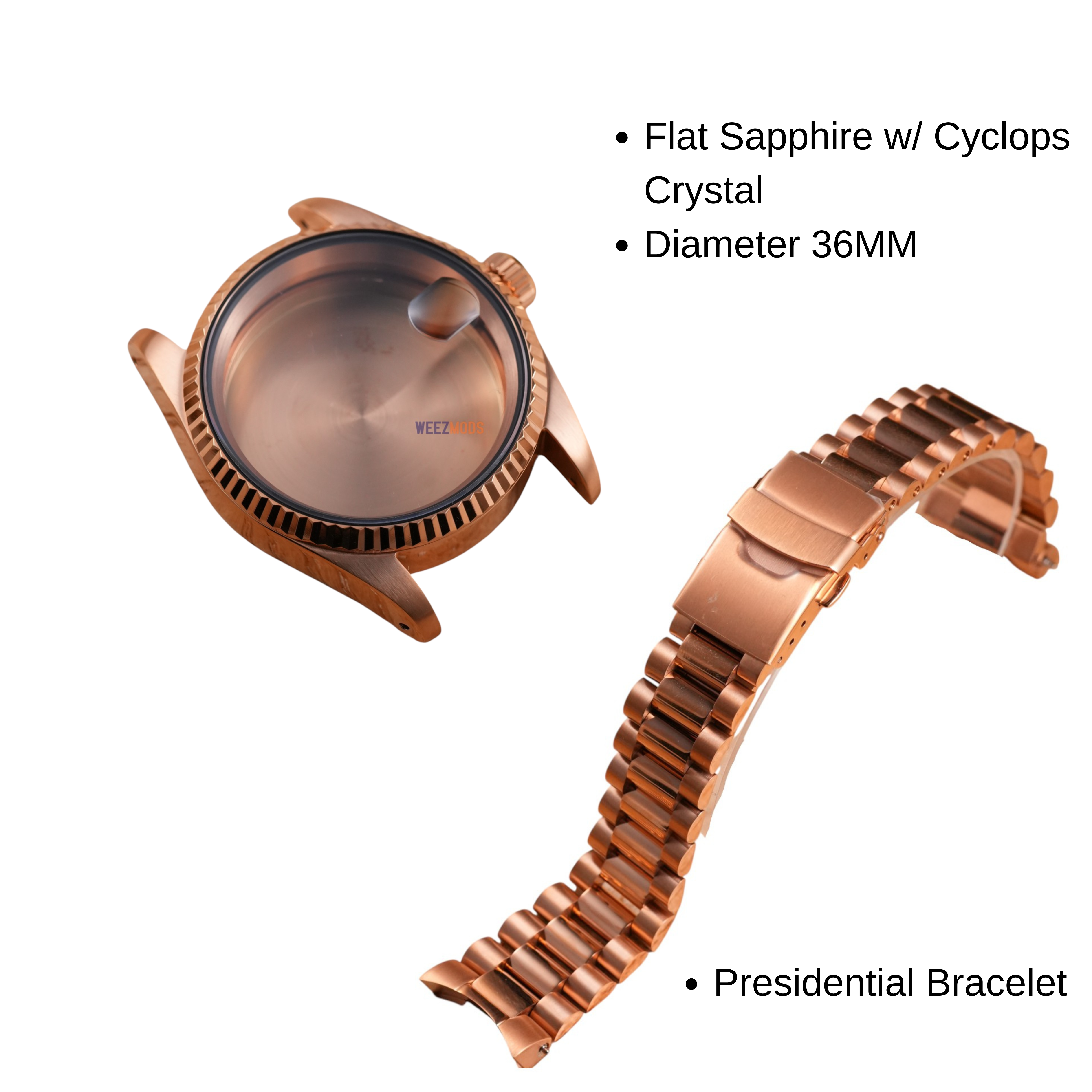 36MM Fluted: Brushed Rose Gold Case with Cyclops & Presidential Bracelet