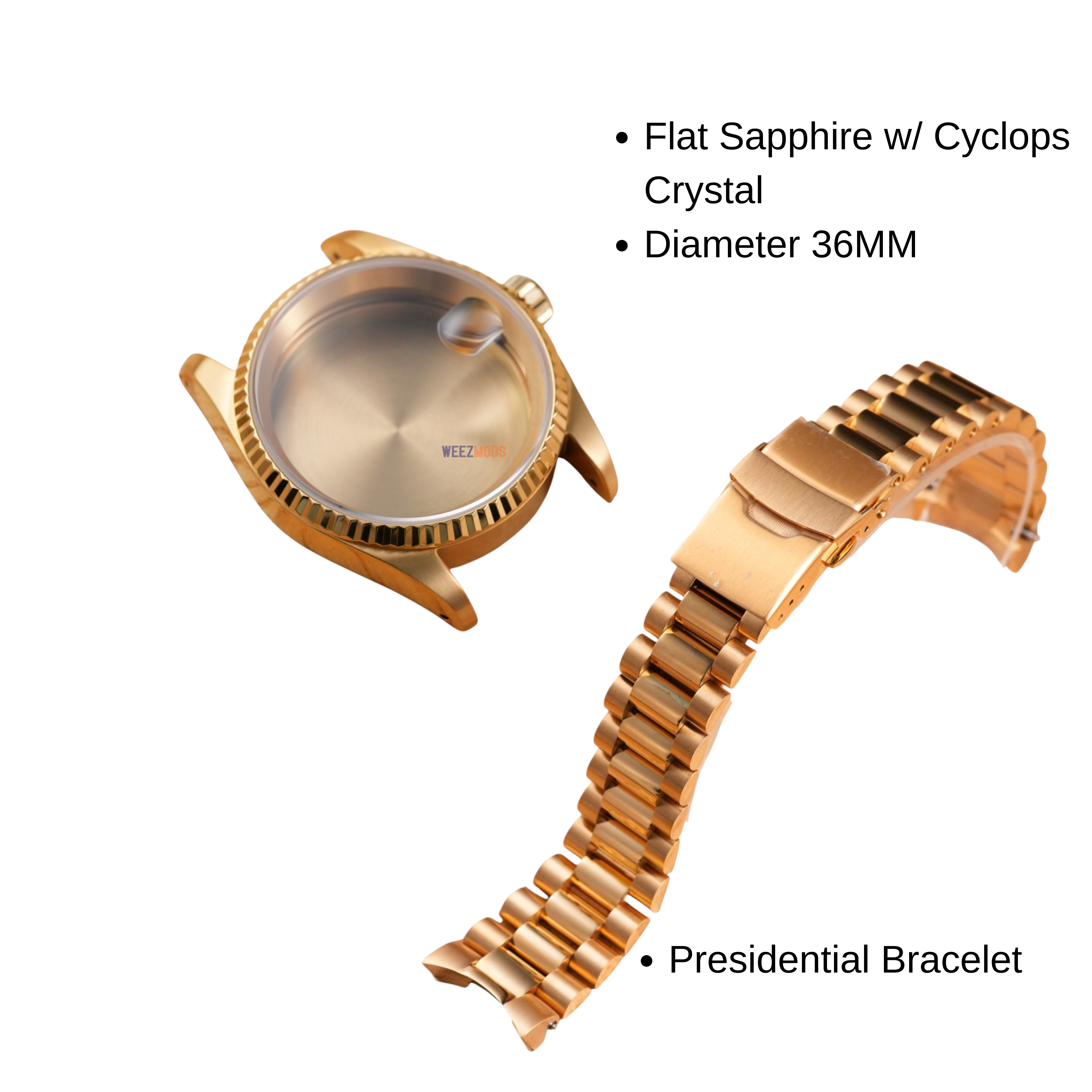 36MM Fluted: Brushed Gold Case with Cyclops & Presidential Bracelet