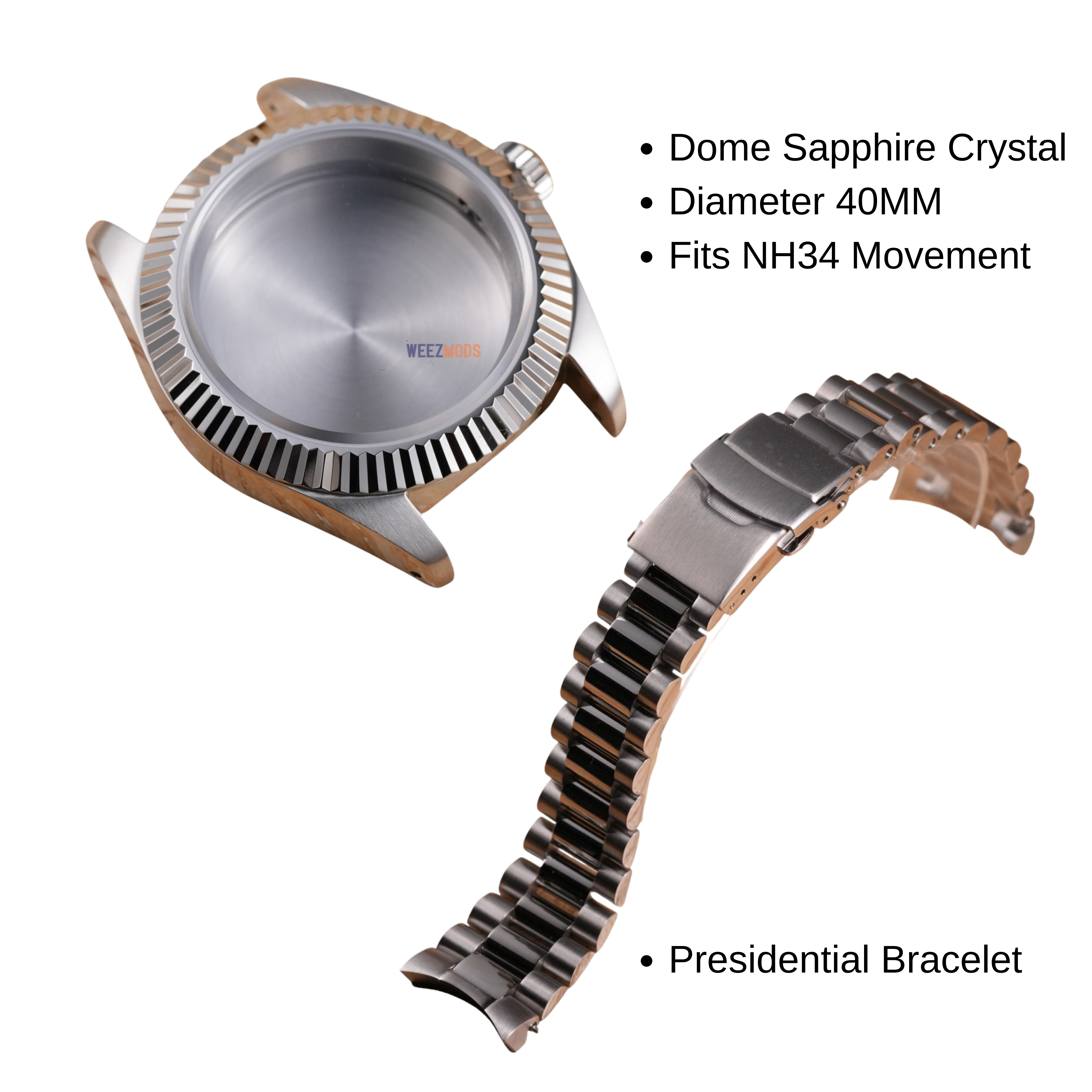 40MM Fluted: Brushed Silver Case with Dome & Presidential Bracelet