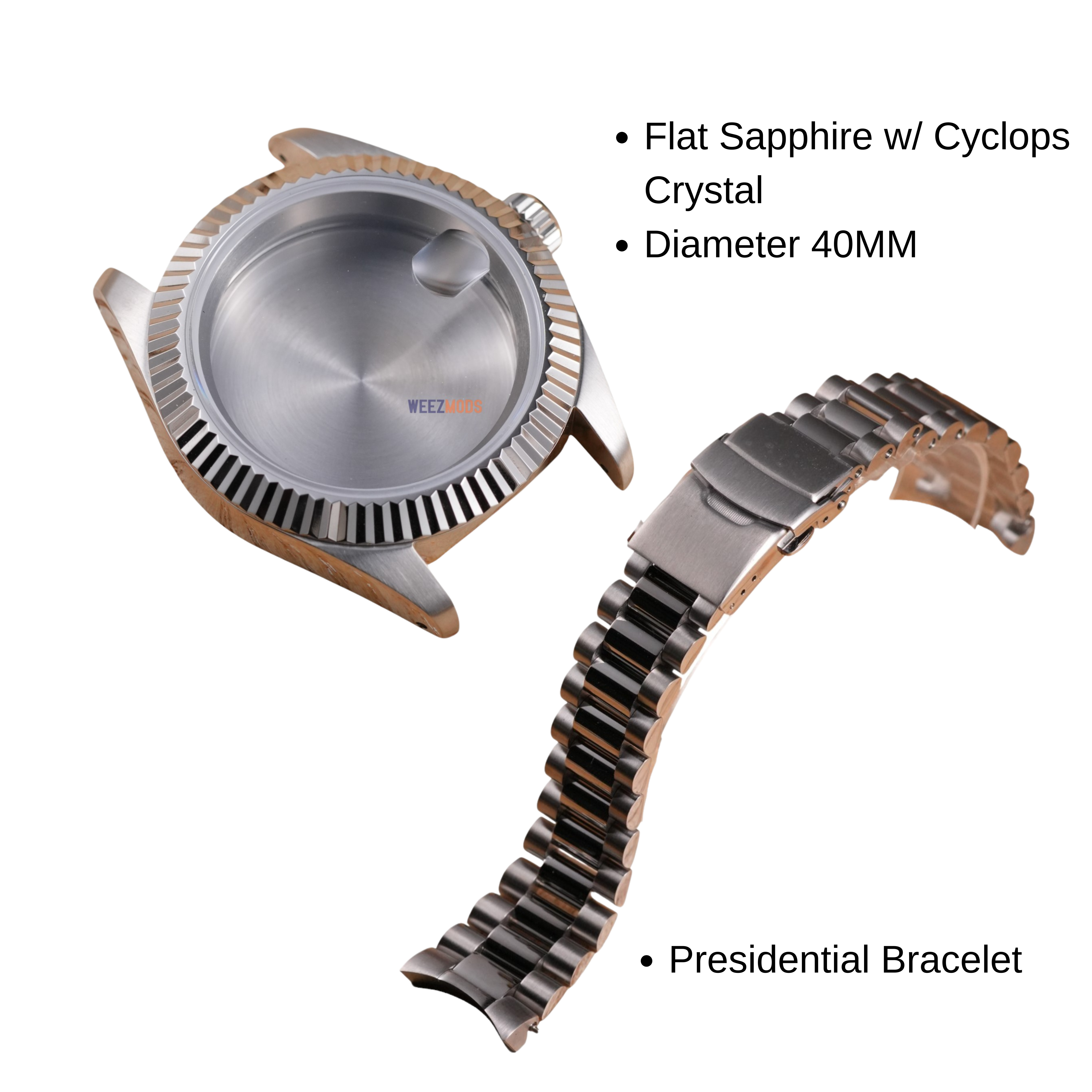 40MM Fluted: Brushed Silver Case with Cyclops & Presidential Bracelet