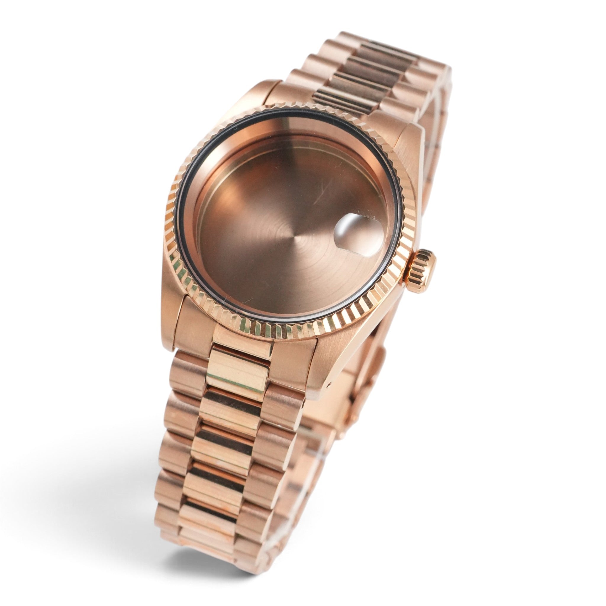 36MM Fluted: Brushed Rose Gold Case with Cyclops & Presidential Bracelet