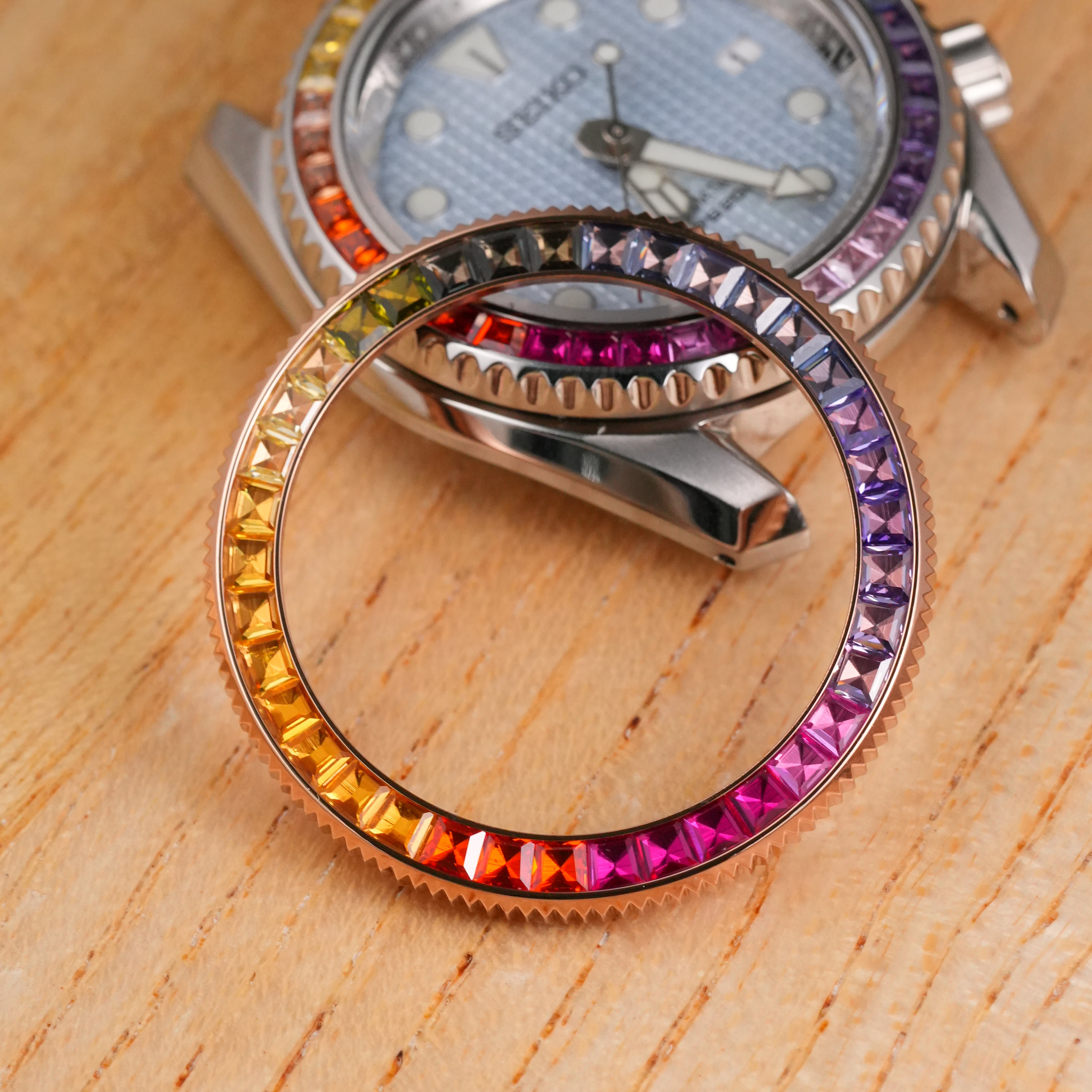 SKX007/SRPD Coin Edge Bezel: Polished Rose Gold in Rainbow