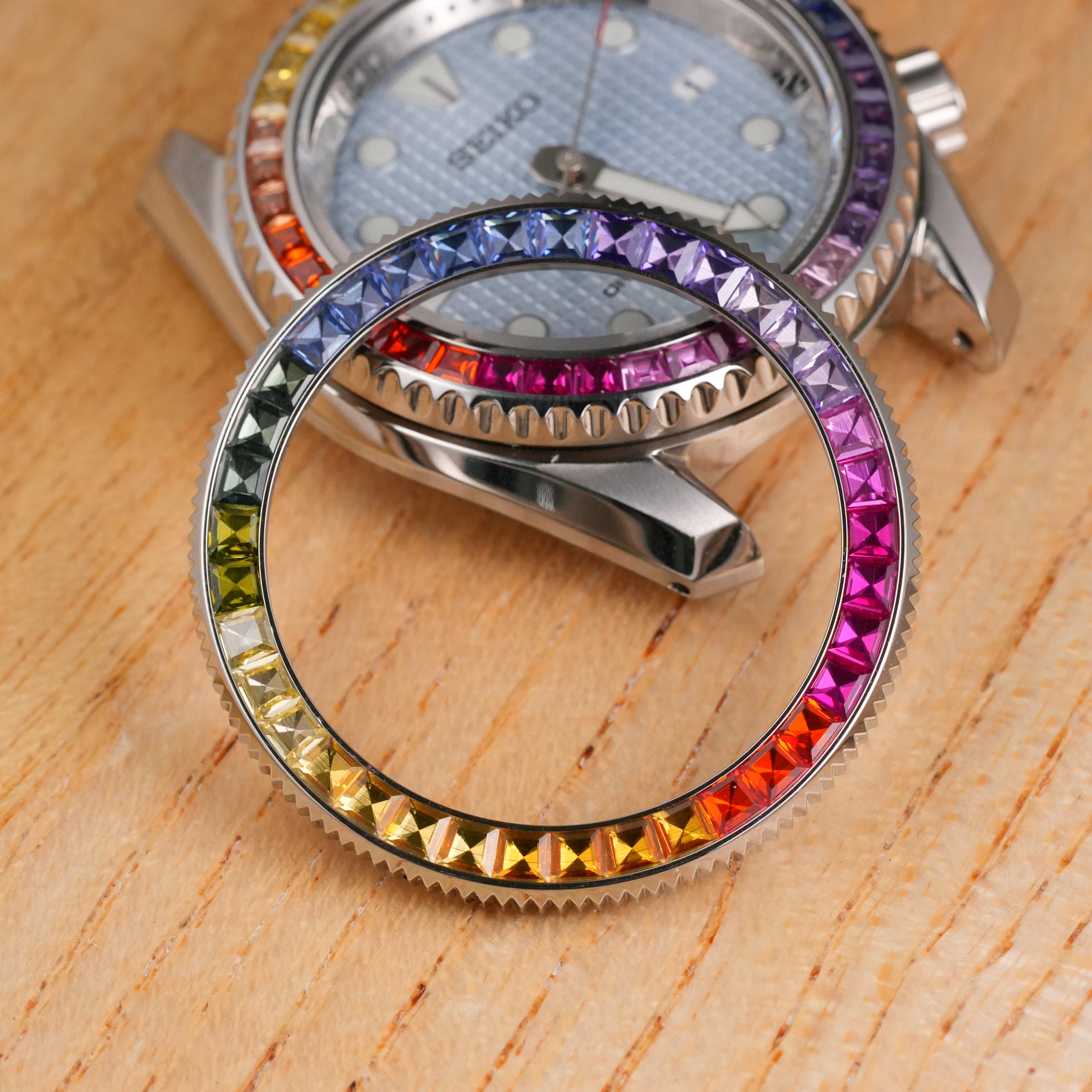 SKX007/SRPD Coin Edge Bezel: Polished Silver in Rainbow