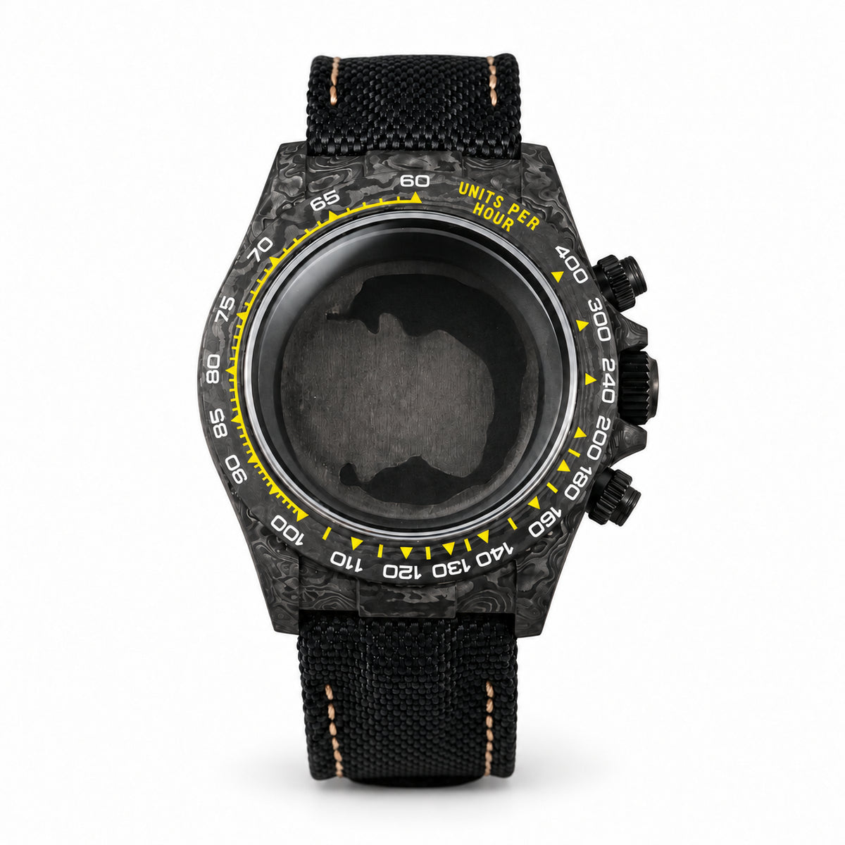 VK63 yellow numeral carbon case — studio main view