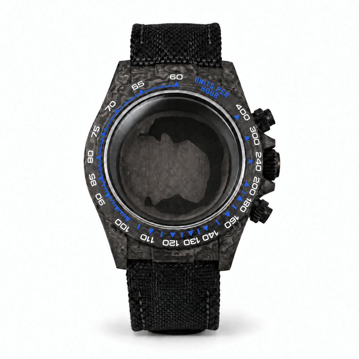 VK63 blue bezel matched to listing photos — black canvas strap with black stitching