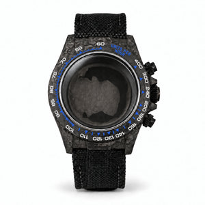 VK63 blue bezel matched to listing photos — black canvas strap with black stitching