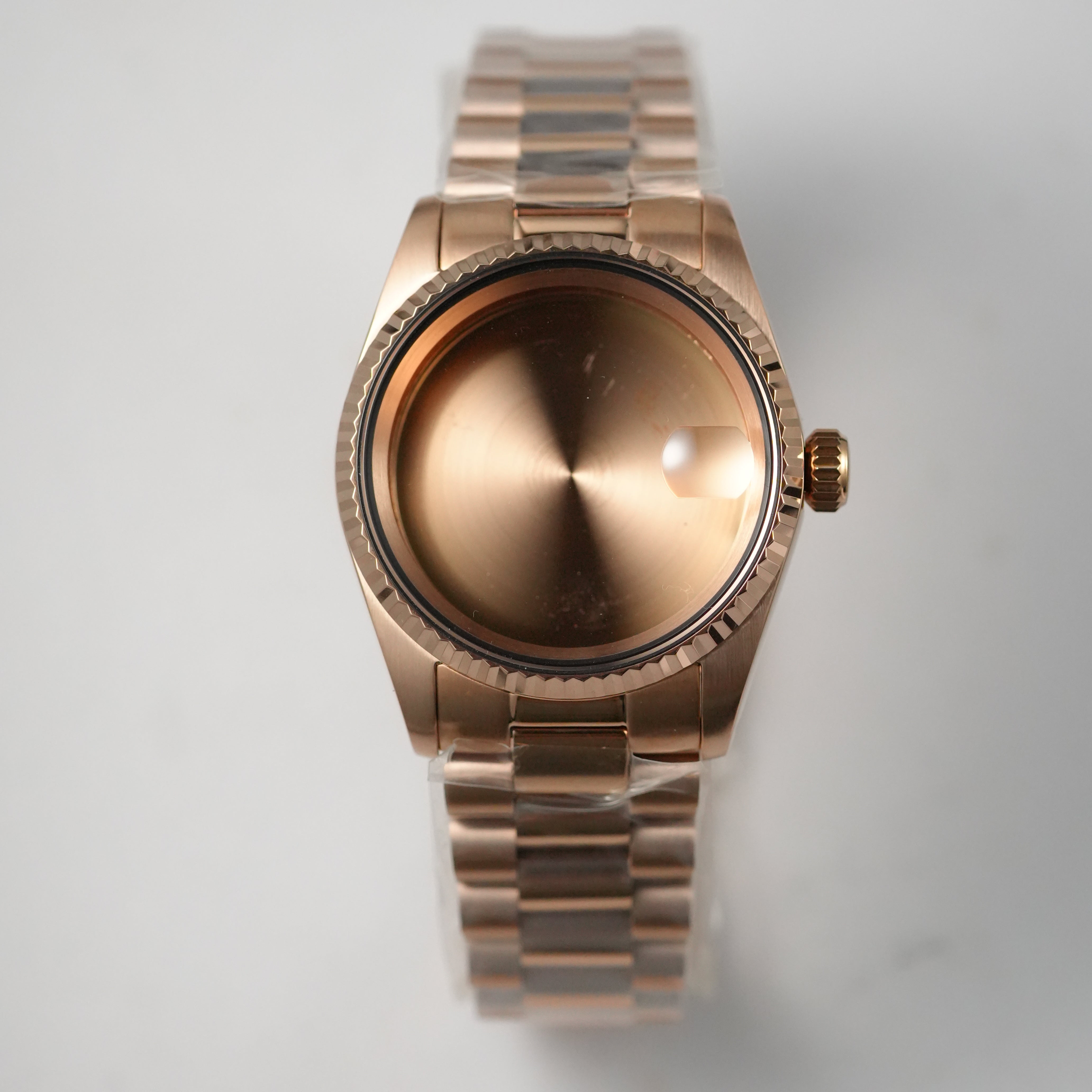 36MM Fluted: Brushed Rose Gold Case with Cyclops & Presidential Bracelet