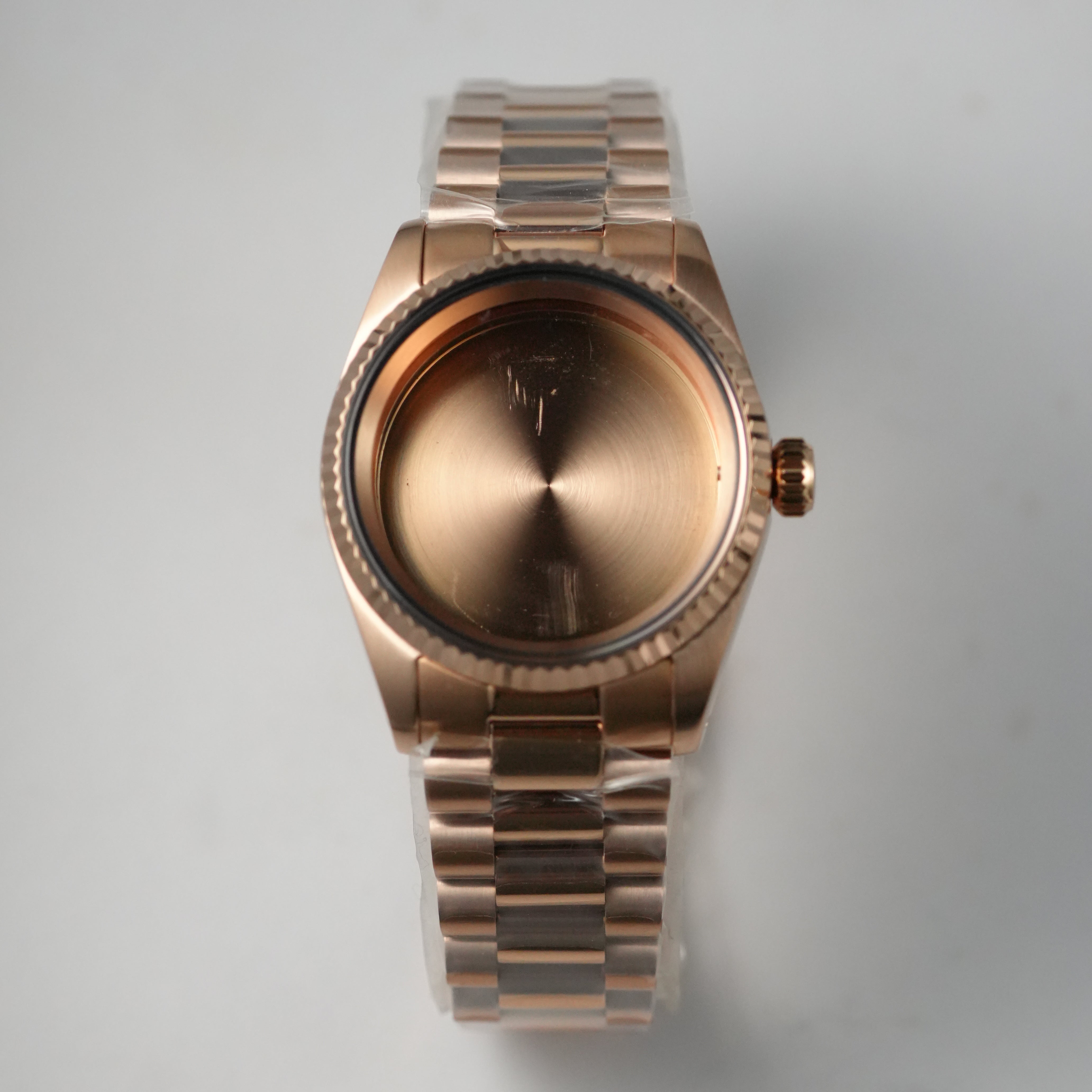 36MM Fluted: Brushed Rose Gold Case with Presidential Bracelet
