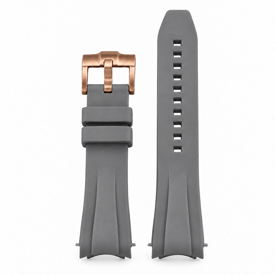 SKX FKM Nautilus V1: Grey Rubber Strap with Rose Gold Buckle — front view with 10 adjustment holes