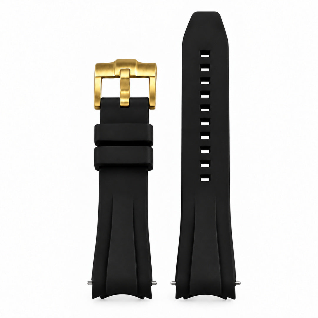 SKX FKM Nautilus V1: Black Rubber Strap with Gold Buckle — front view with 10 adjustment holes