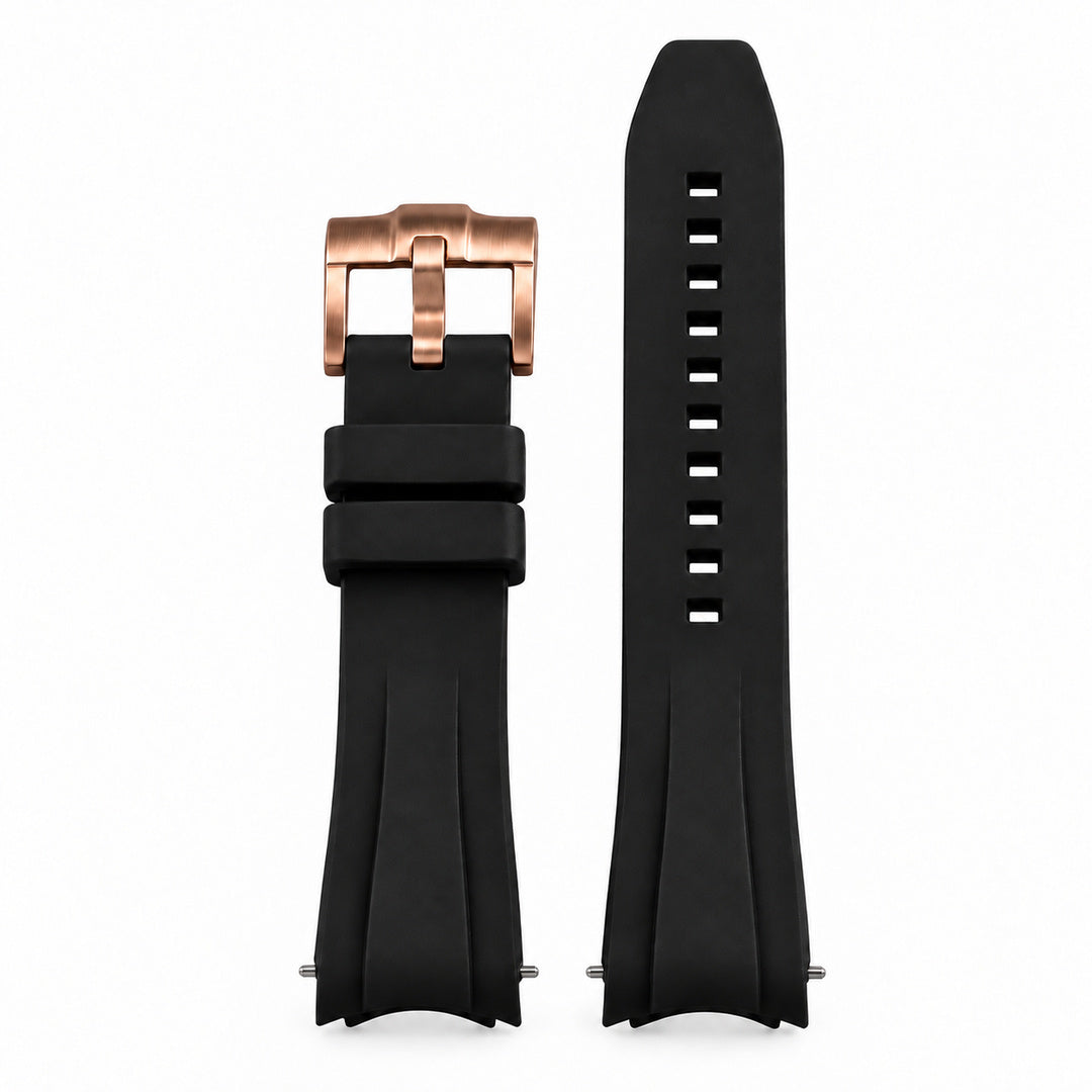 SKX FKM Nautilus V1: Black Rubber Strap with Rose Gold Buckle — front view with 10 adjustment holes