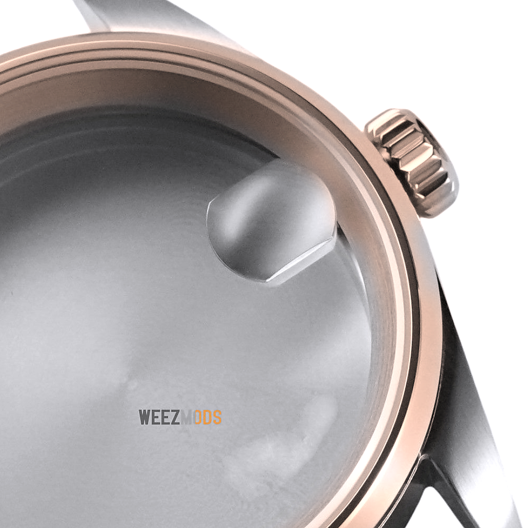36MM Pilot: Two-Tone Rose Gold with Cyclops Case — crown and crystal macro, refined finish
