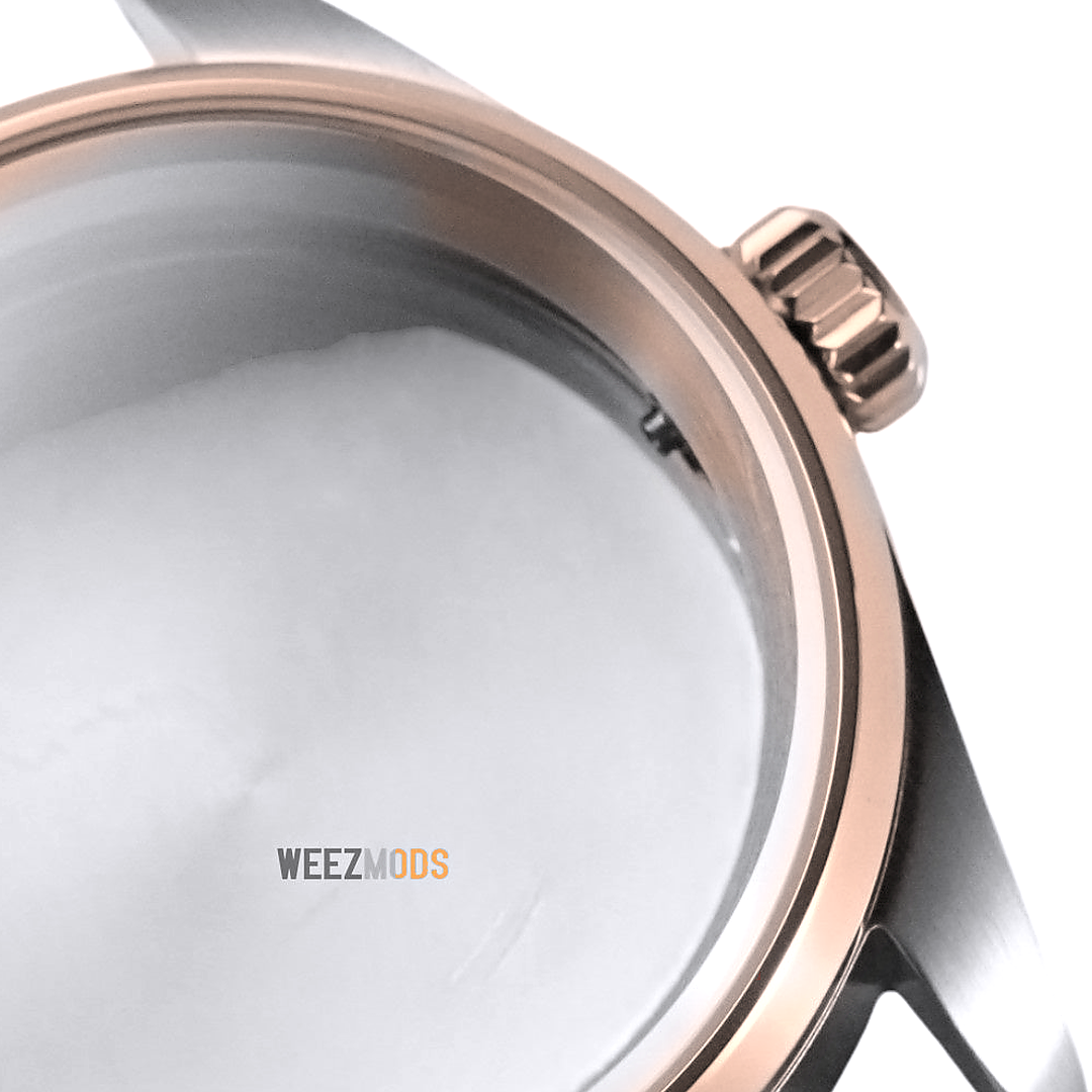 36MM Pilot: Two-Tone Rose Gold with Dome Case — crown and crystal macro, refined finish