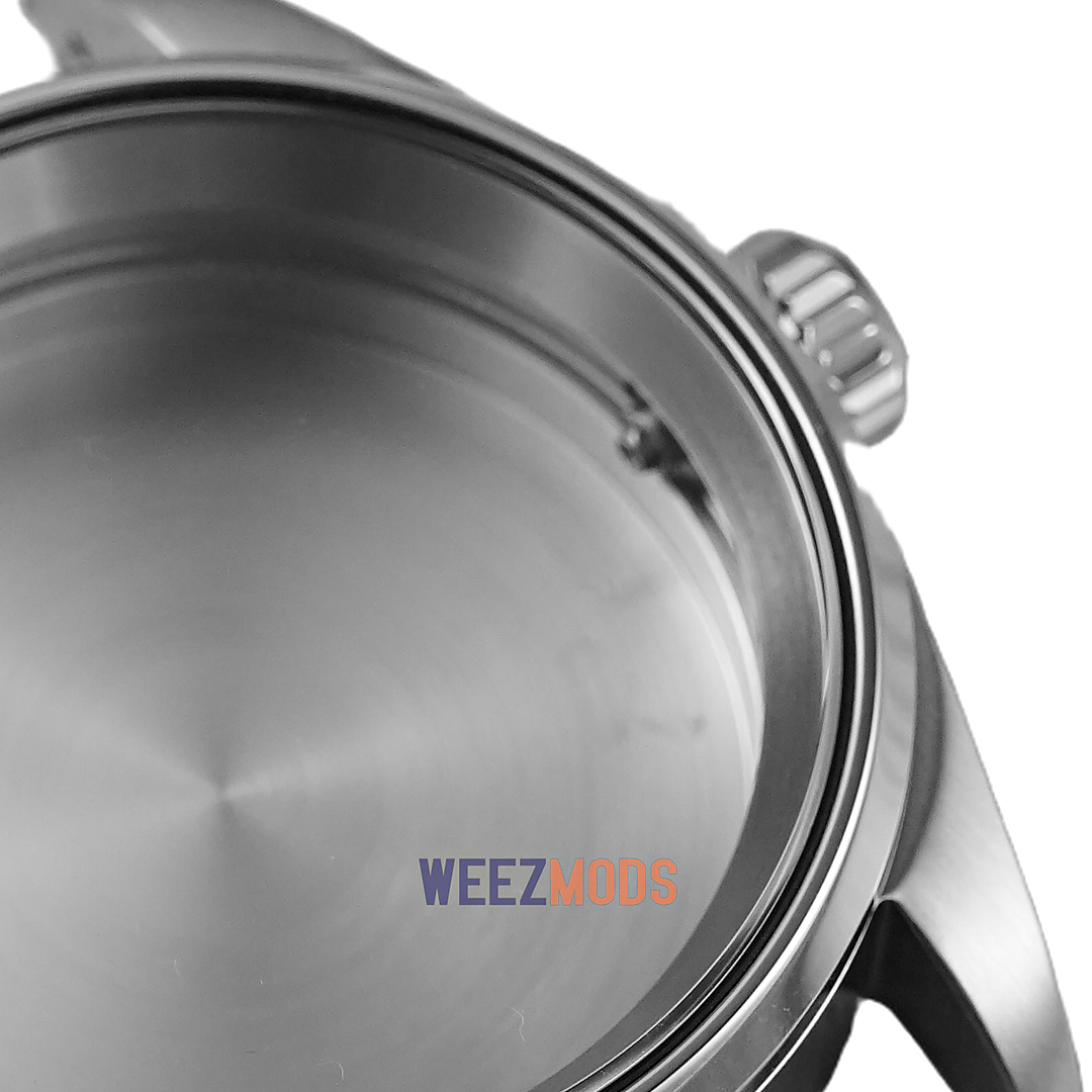 36MM Pilot: Brushed Silver with Flat Sapphire Case — crown and crystal macro, refined finish