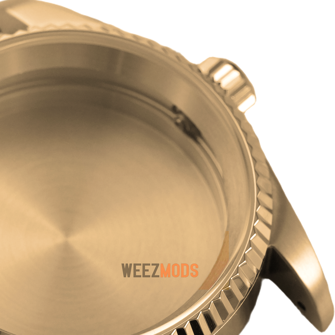 36MM Fluted: Brushed Gold with Dome Case — manually restored bezel edge, crown and crystal macro