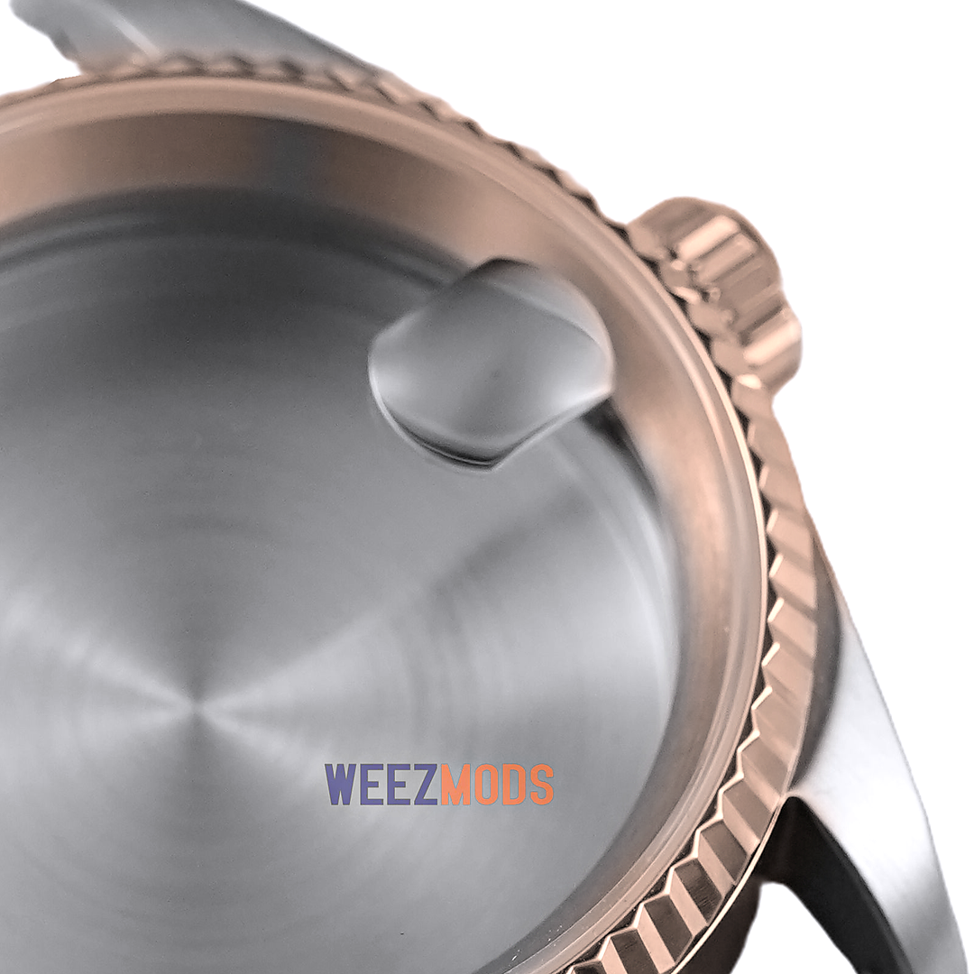 36MM Fluted: Two-Tone Rose Gold with Cyclops Case — manually restored bezel edge, crown and crystal macro