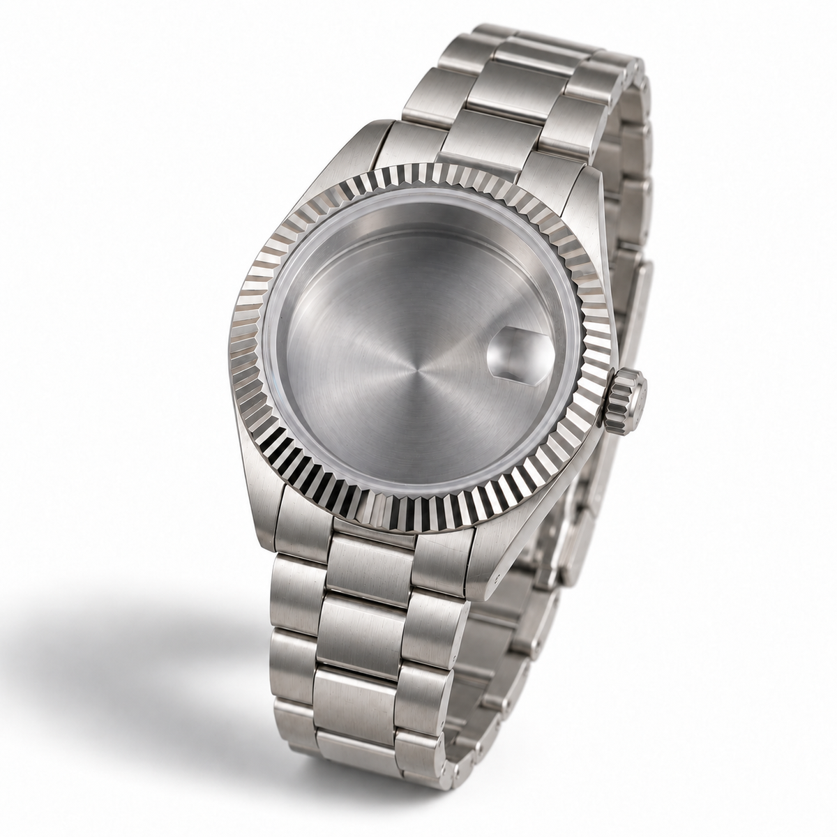 40MM Fluted: Brushed Silver Case with Cyclops & Oyster Bracelet — brushed Oyster links and female endlinks
