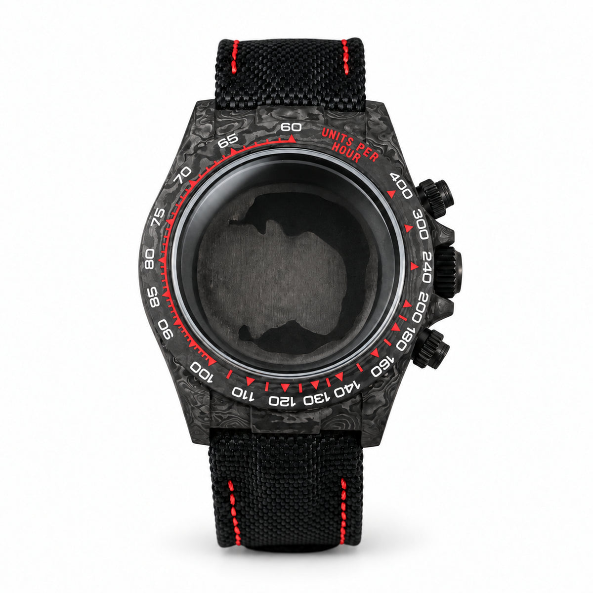 VK63 red numeral carbon case — studio main view