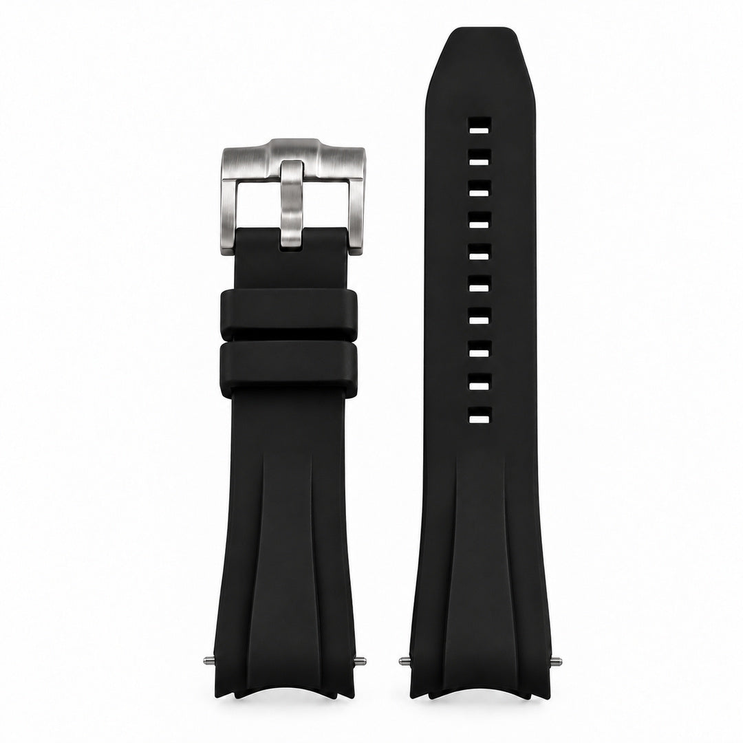 SKX FKM Nautilus V1: Black Rubber Strap with Silver Buckle — front view with 10 adjustment holes