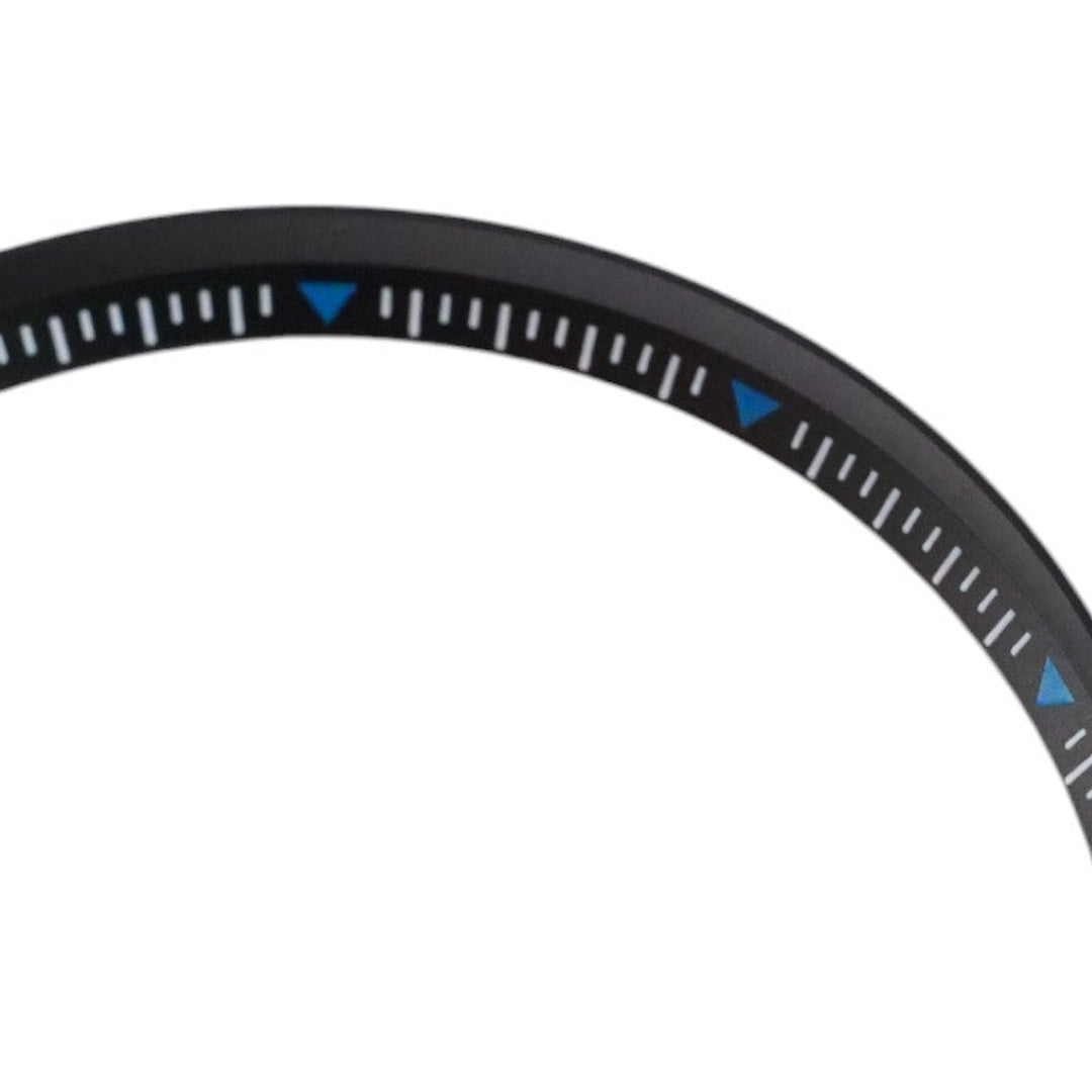 SKX007/SRPD Short Triangle: Black with Blue Markers — macro detail, close-up crop of the original product photograph