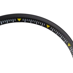 SKX007/SRPD Short Triangle: Black with Yellow Markers — macro detail, close-up crop of the original product photograph