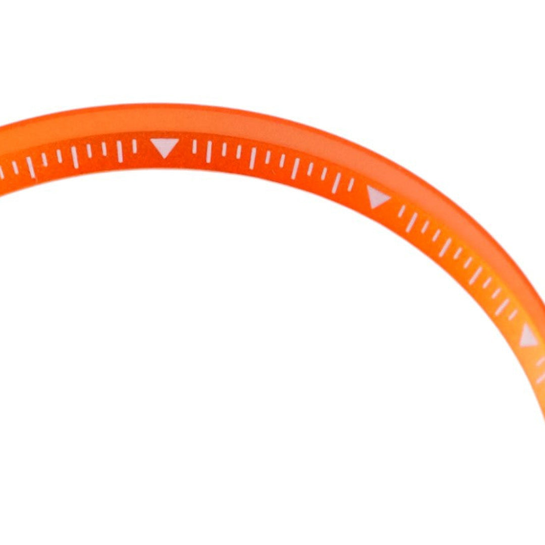 SKX007/SRPD Short Triangle: Orange with White Markers — macro detail, close-up crop of the original product photograph