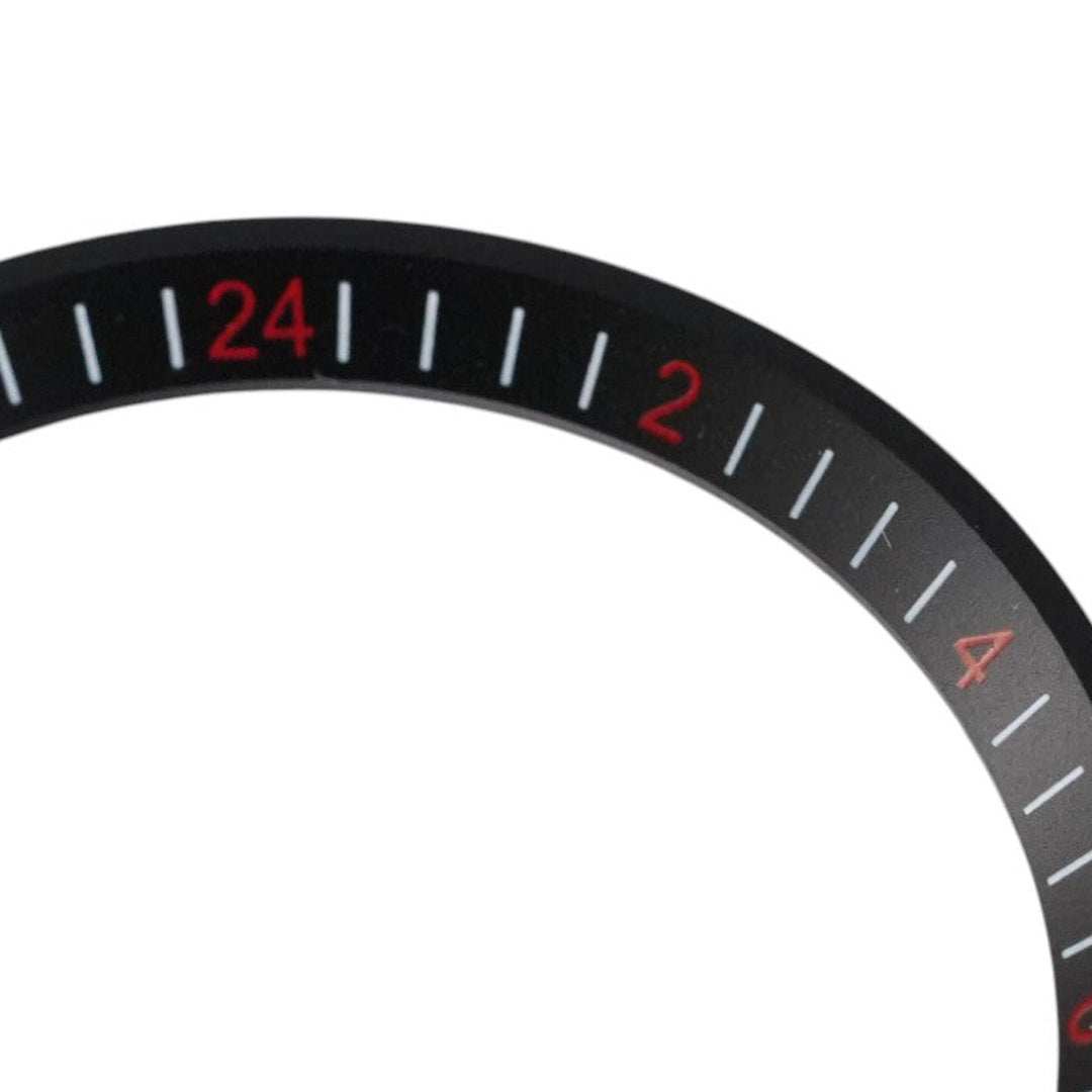 SRPE Chapter Ring GMT: Black with Red Numerals — macro detail, close-up crop of the original product photograph