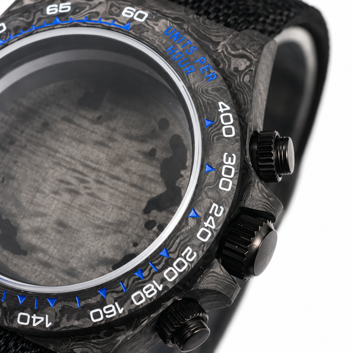 VK63 blue numeral black carbon case — crown and pushers macro