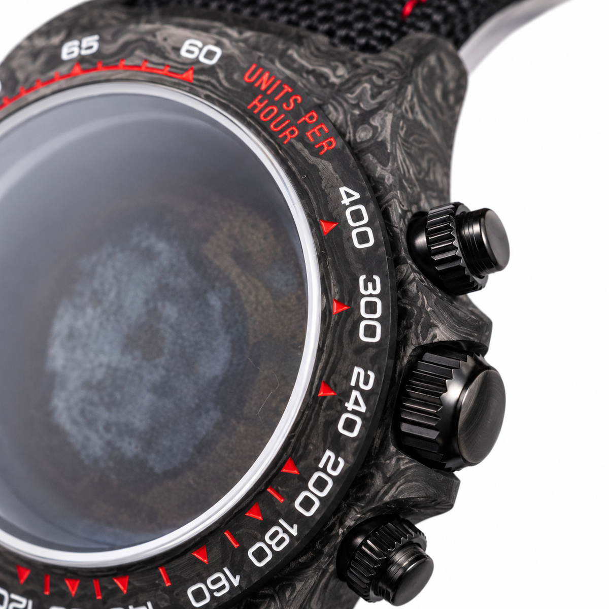 VK63 red numeral black carbon case — crown and pushers macro