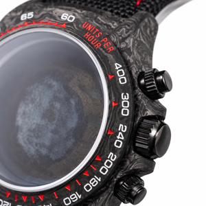 VK63 red numeral black carbon case — crown and pushers macro