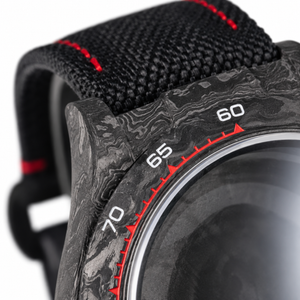 VK63 red numeral black carbon case — carbon bezel and lug macro