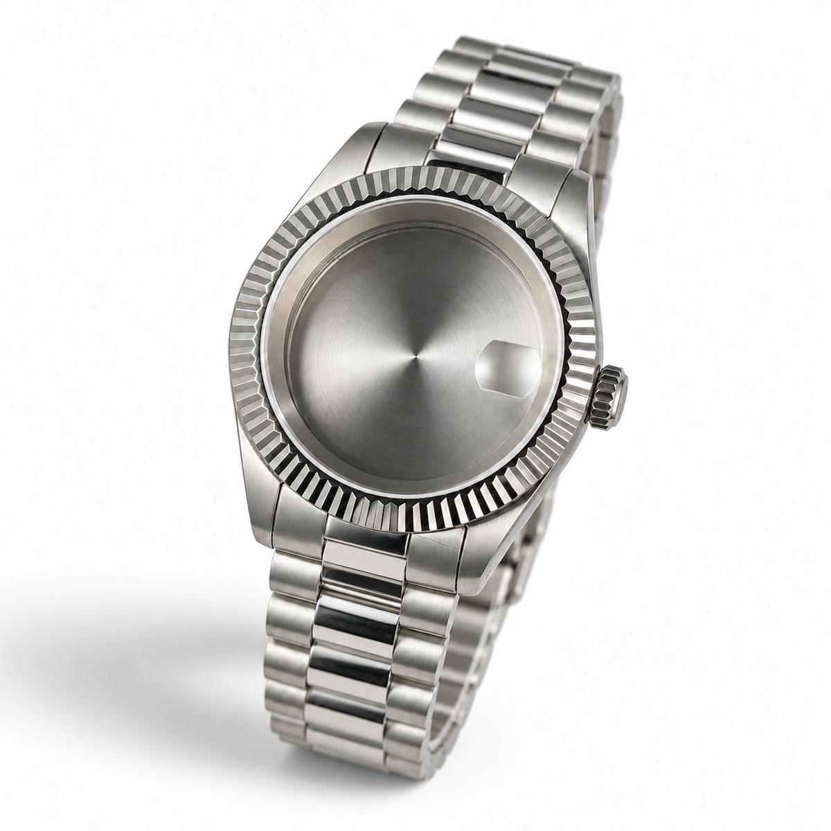40mm silver fluted case with flat sapphire cyclops crystal and Presidential bracelet