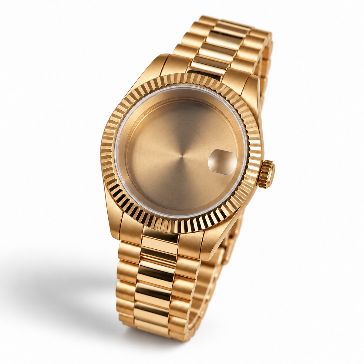 40MM Fluted: Brushed Gold Case with Cyclops & Presidential Bracelet