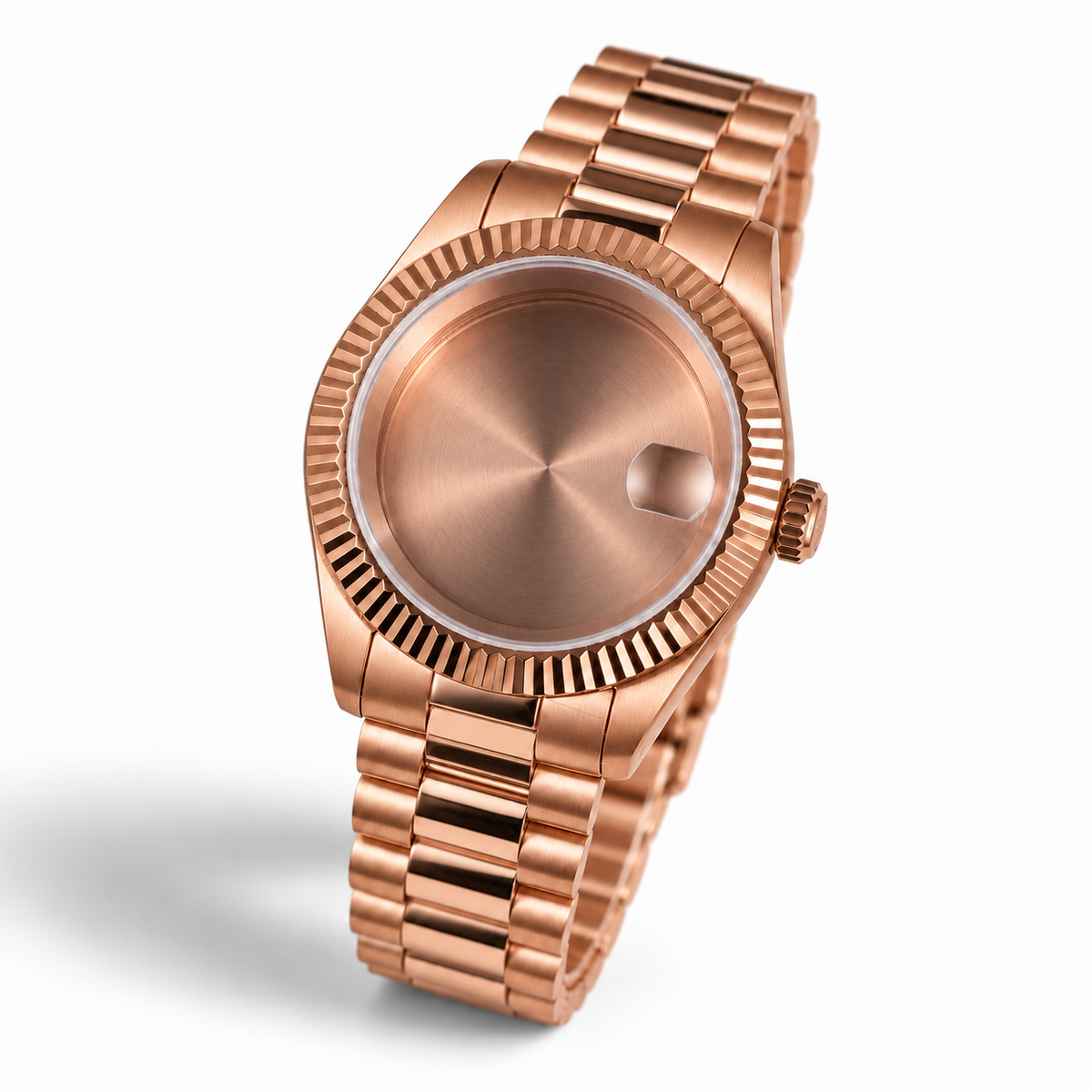 40MM Fluted: Brushed Rose Gold Case with Cyclops & Presidential Bracelet