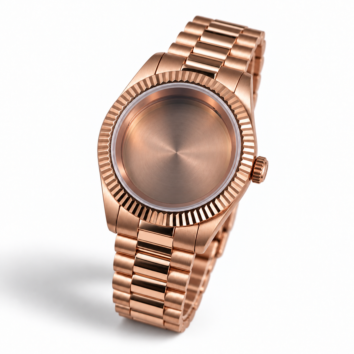 40MM Fluted: Brushed Rose Gold Case with Presidential Bracelet