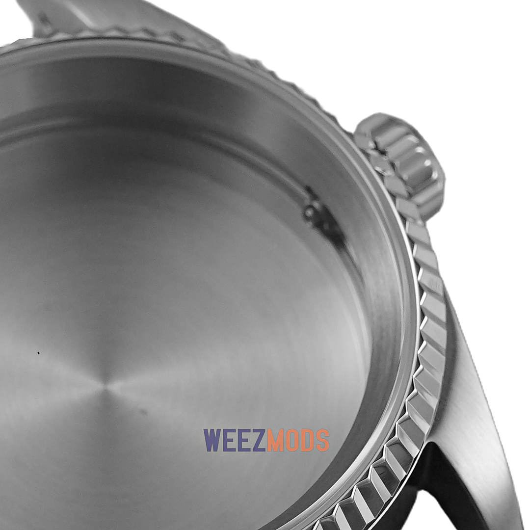 36MM Fluted: Brushed Silver with Flat Sapphire Case — manually restored bezel edge, crown and crystal macro