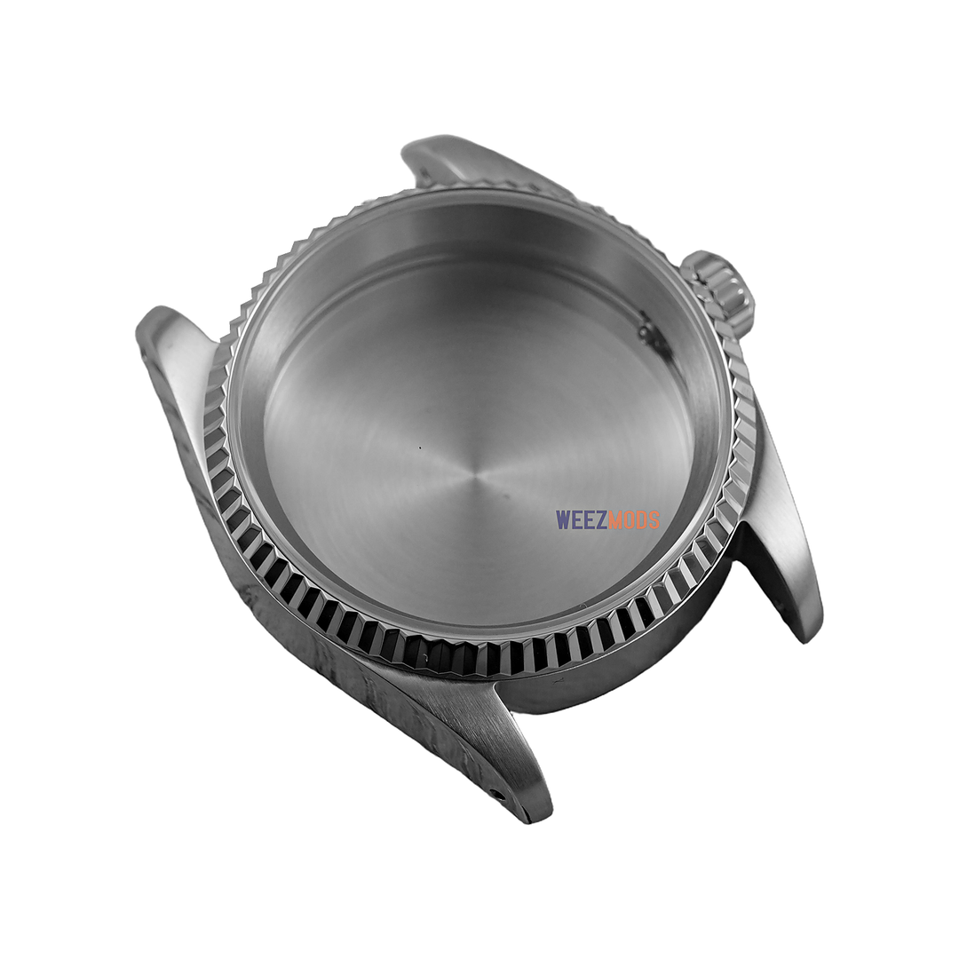 36MM Fluted: Brushed Silver with Flat Sapphire Case — manually restored bezel edge, white background and balanced padding