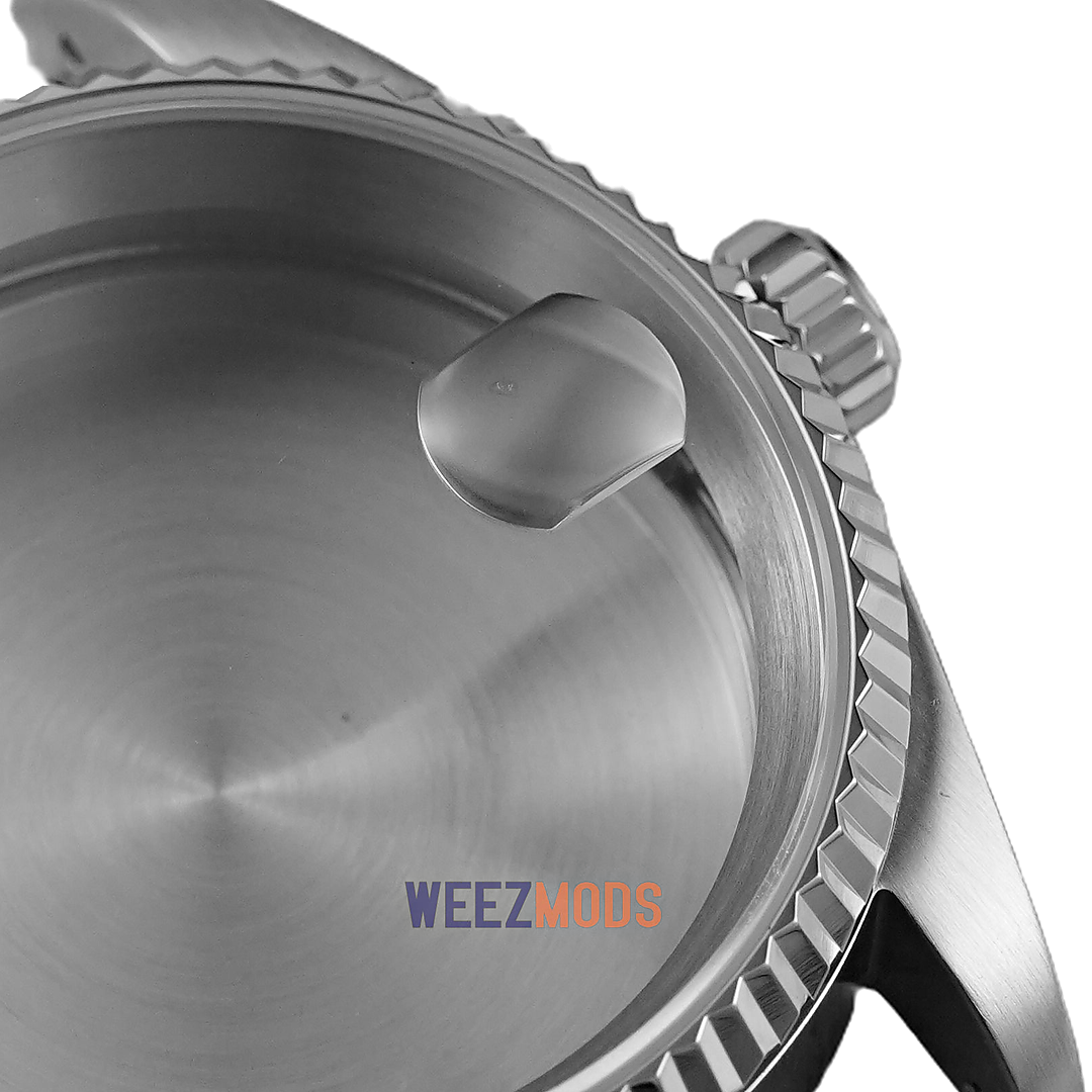 36MM Fluted: Brushed Silver with Cyclops Case — manually restored bezel edge, crown and crystal macro