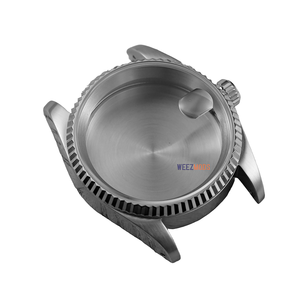 36MM Fluted: Brushed Silver with Cyclops Case — manually restored bezel edge, white background and balanced padding