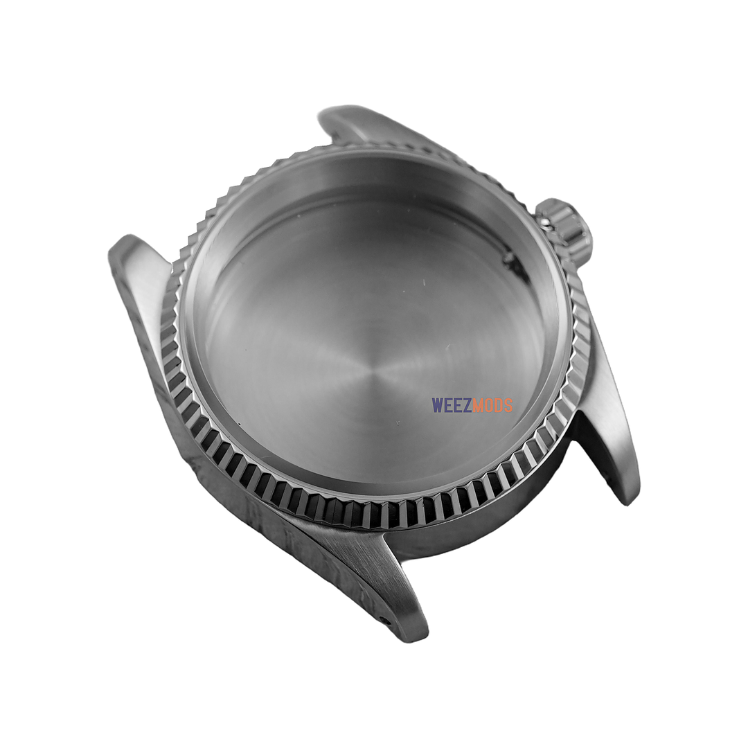 36MM Fluted: Brushed Silver with Dome Case — manually restored bezel edge, white background and balanced padding
