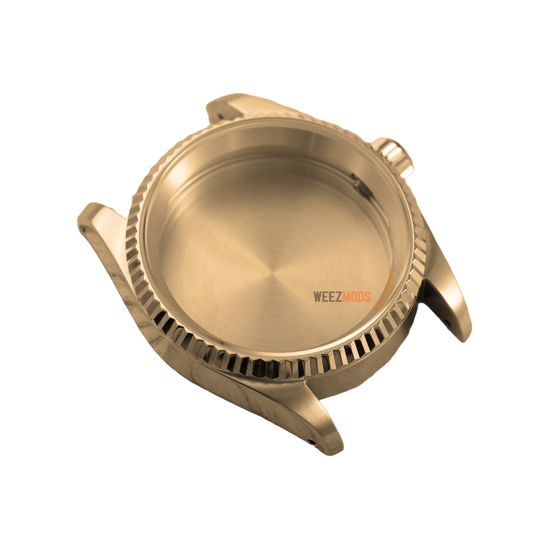 36MM Fluted: Brushed Gold with Flat Sapphire Case — manually restored bezel edge, white background and balanced padding