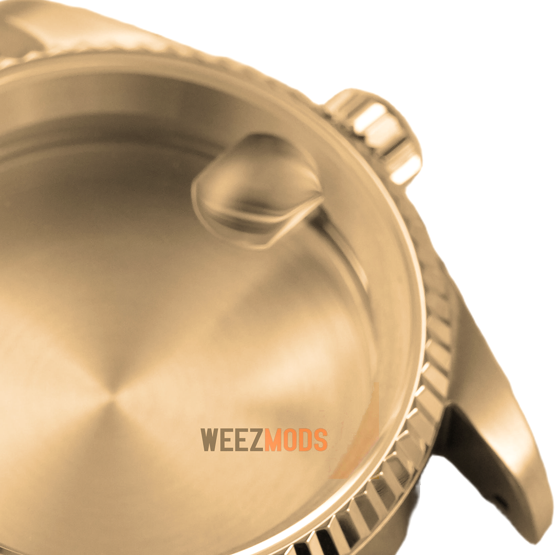 36MM Fluted: Brushed Gold with Cyclops Case — manually restored bezel edge, crown and crystal macro