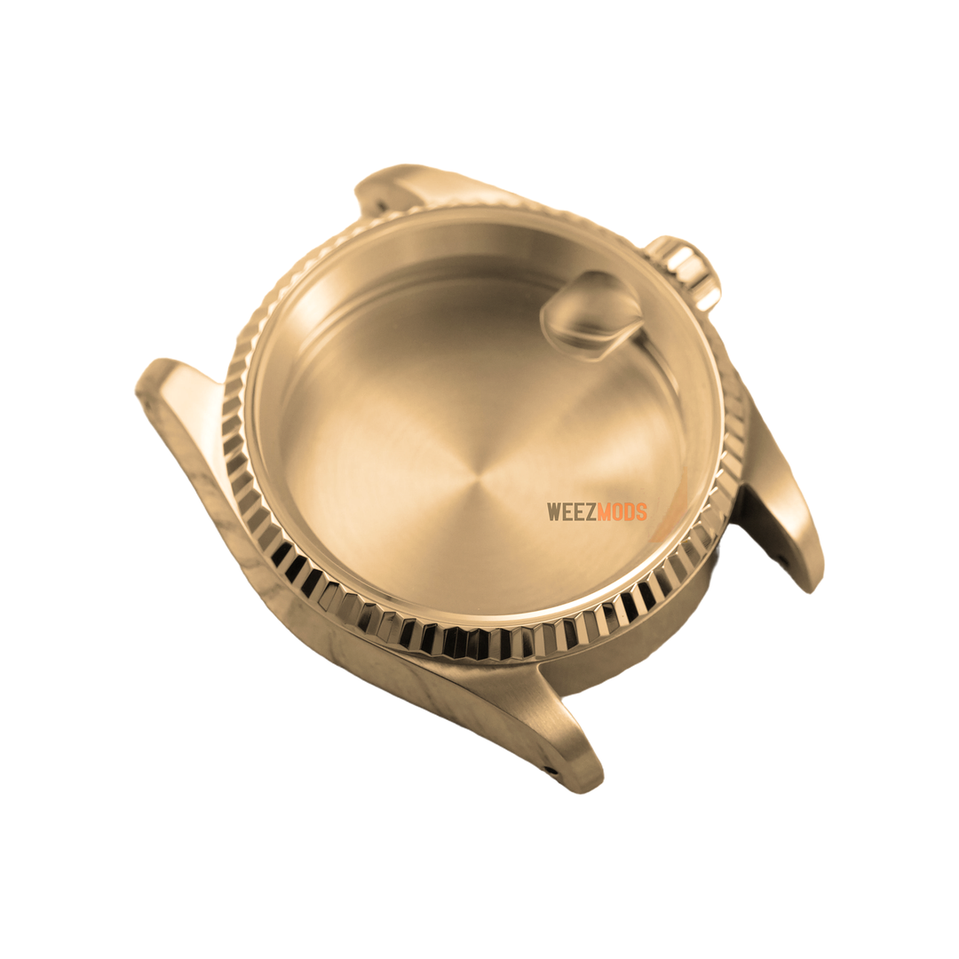 36MM Fluted: Brushed Gold with Cyclops Case — manually restored bezel edge, white background and balanced padding